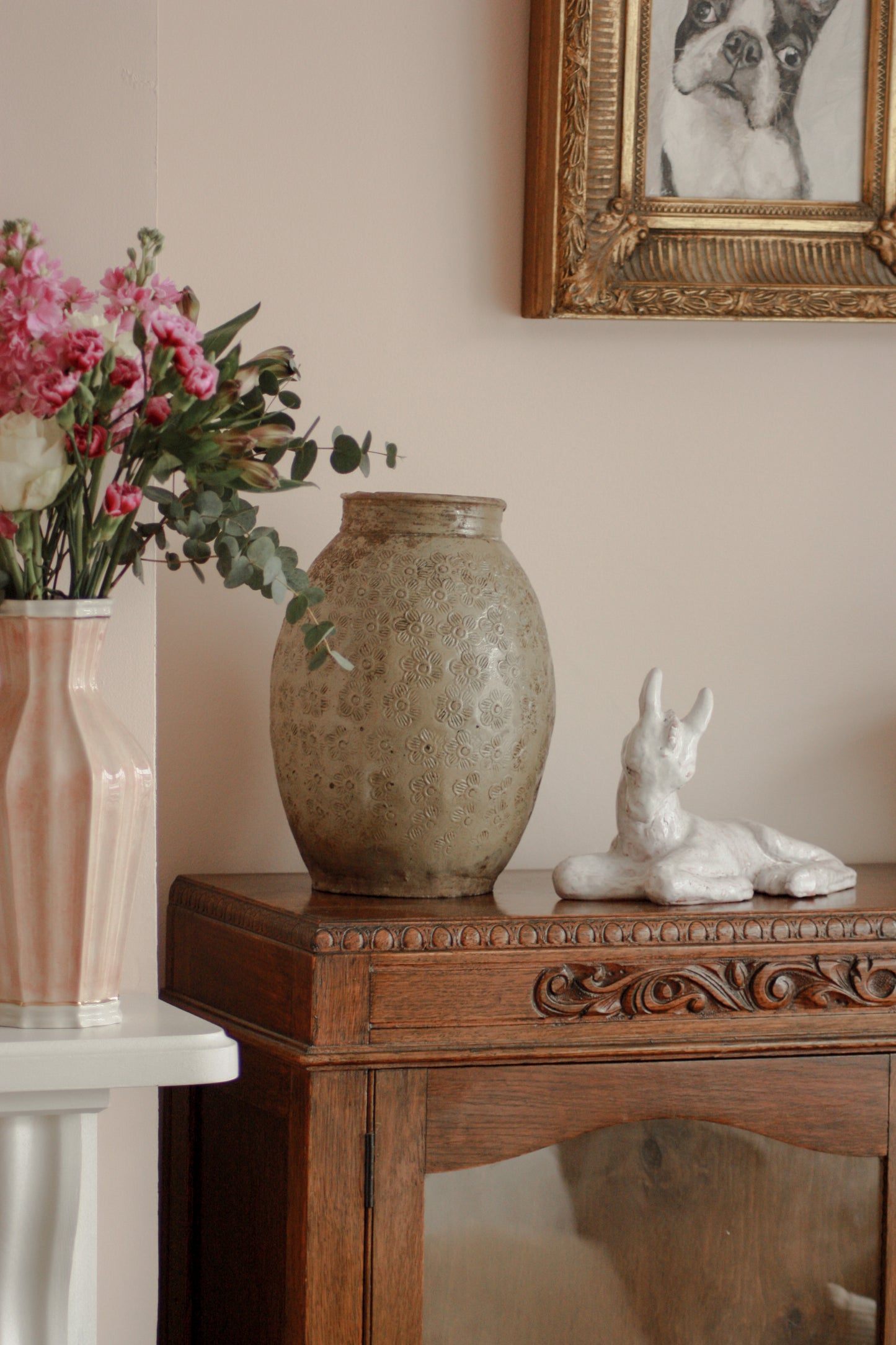 Large antique Asian confit pot with hand stamped floral detail