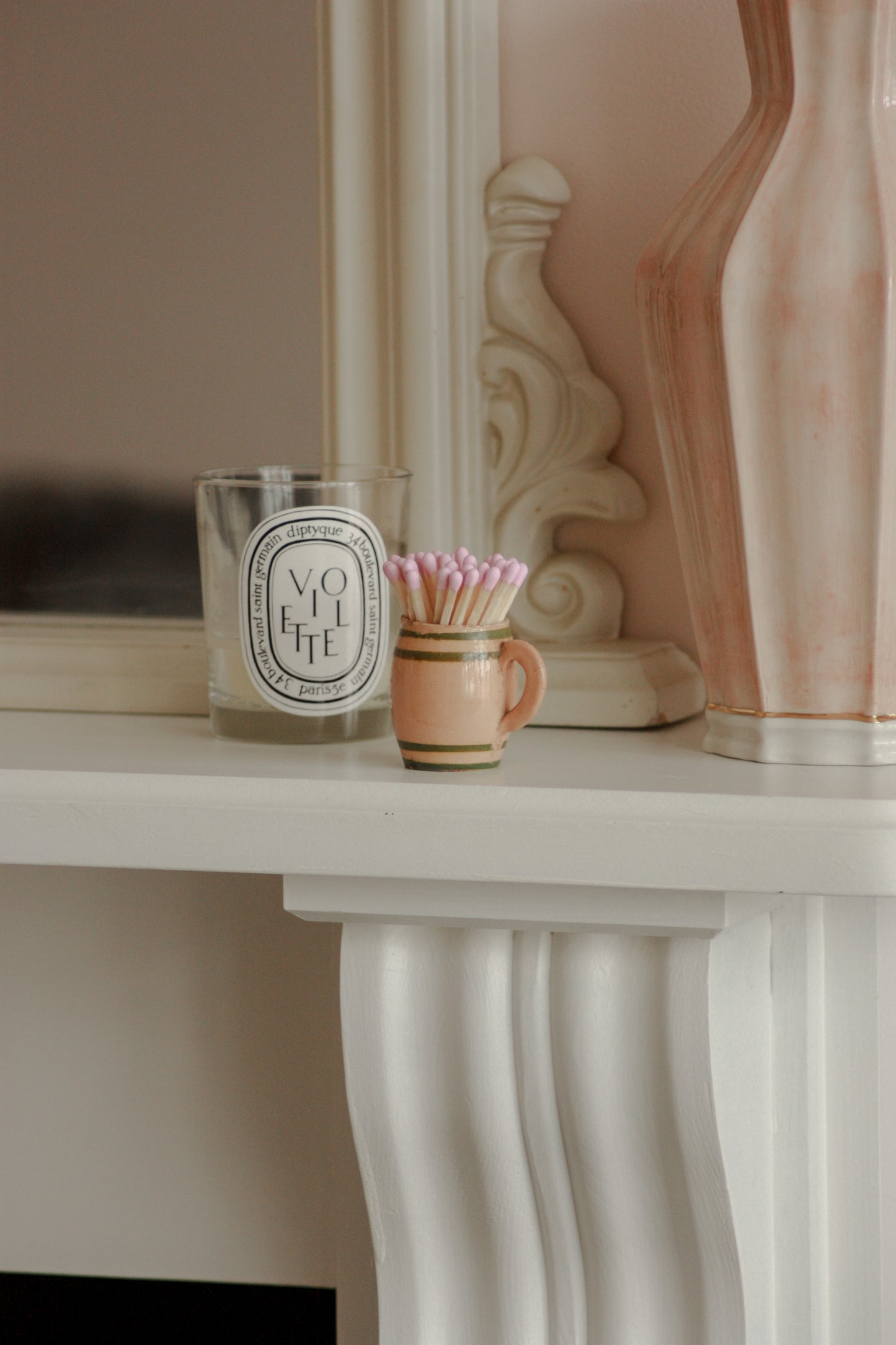 Vintage hand-painted green and peach pink match pot