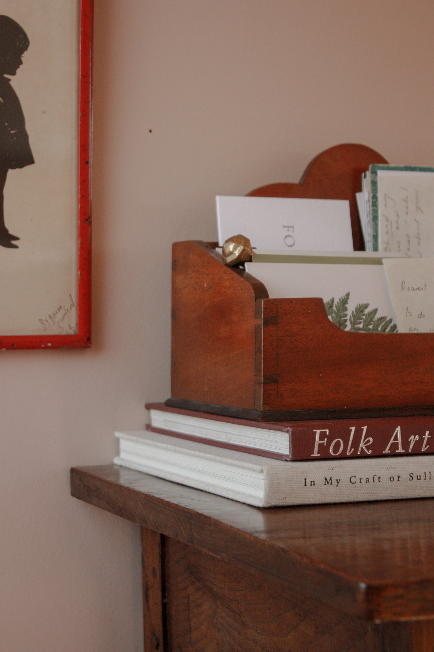 Vintage wooden letter rack with scalloped edge