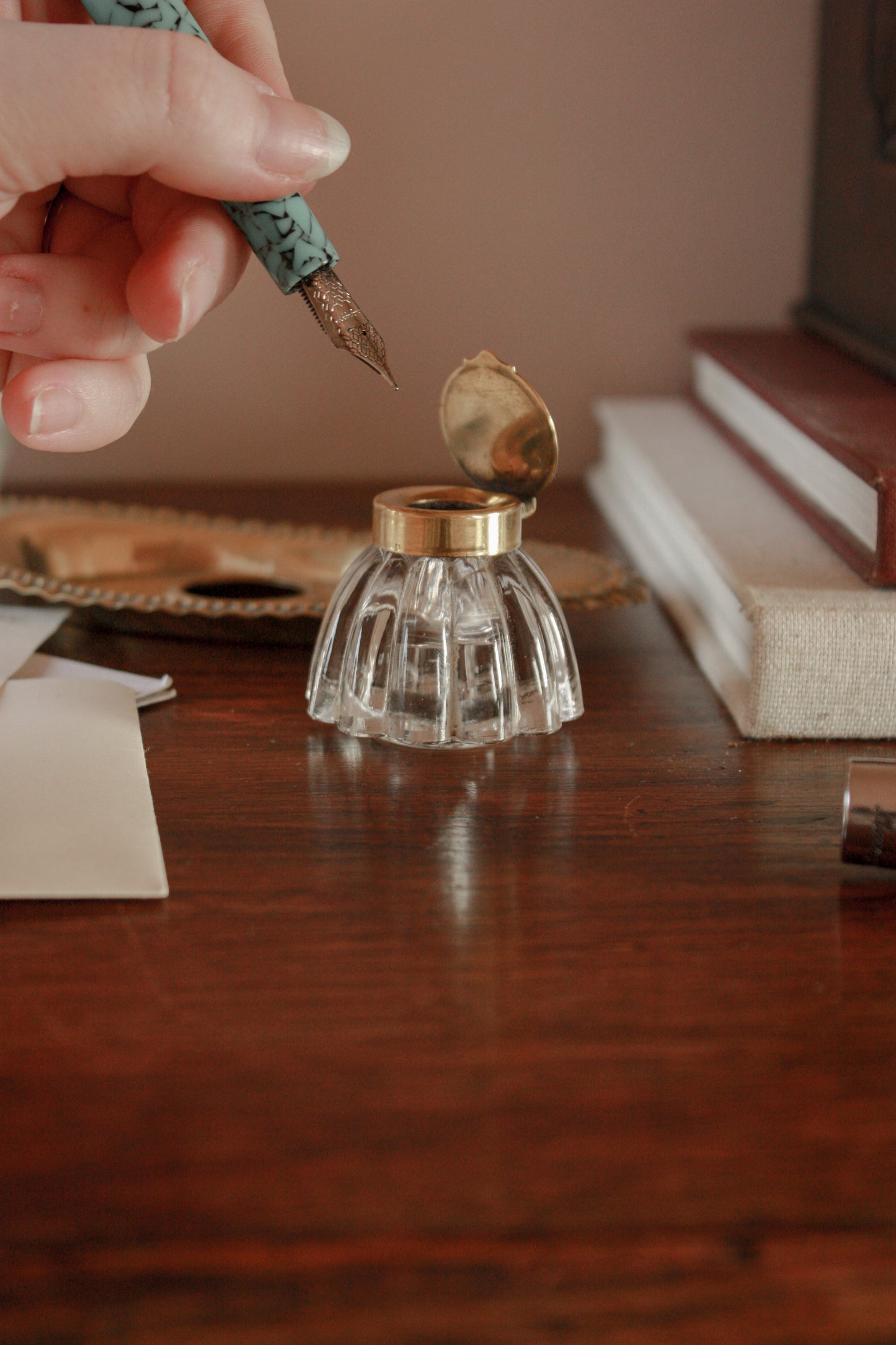 Vintage ink well and brass dish