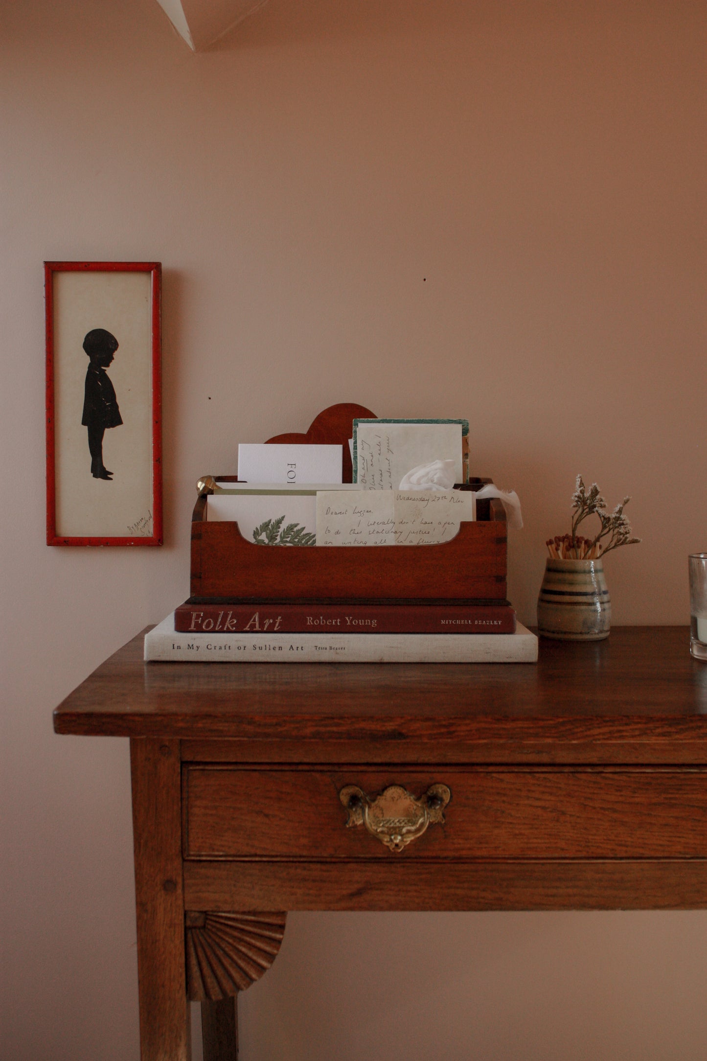 Vintage wooden letter rack with scalloped edge