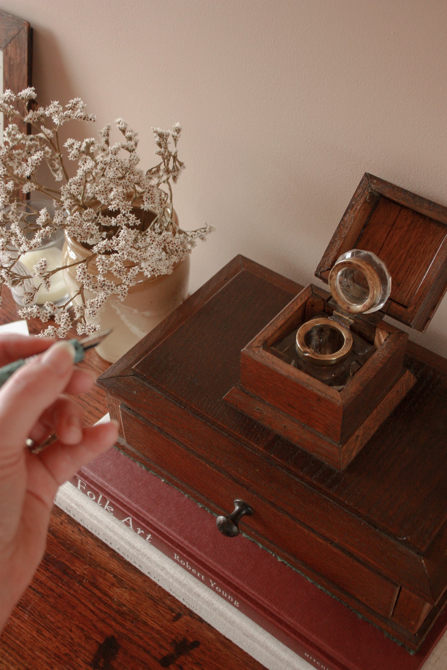 Vintage wooden desktop drawer with ink well