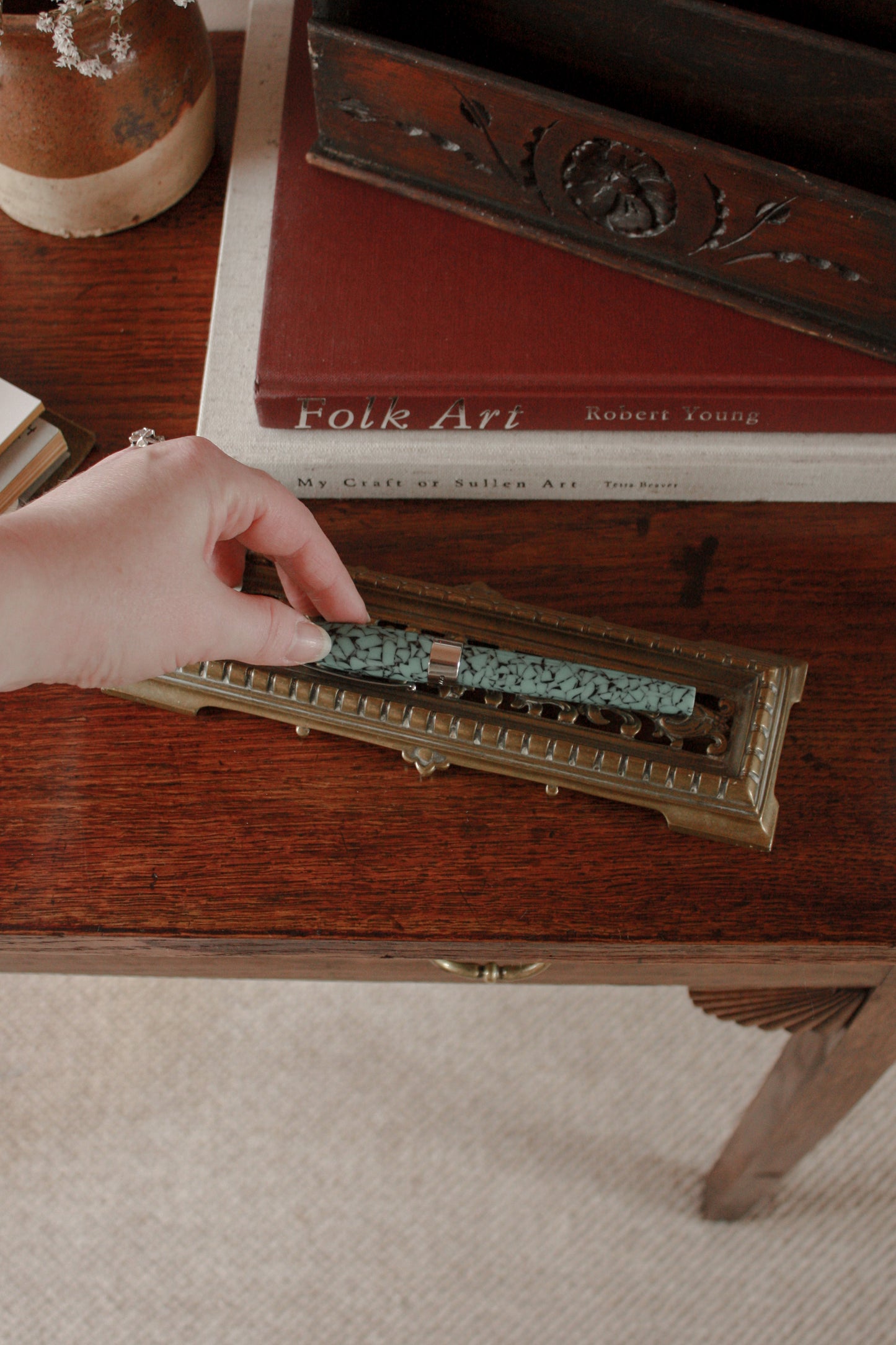 Vintage ornate brass pen tray