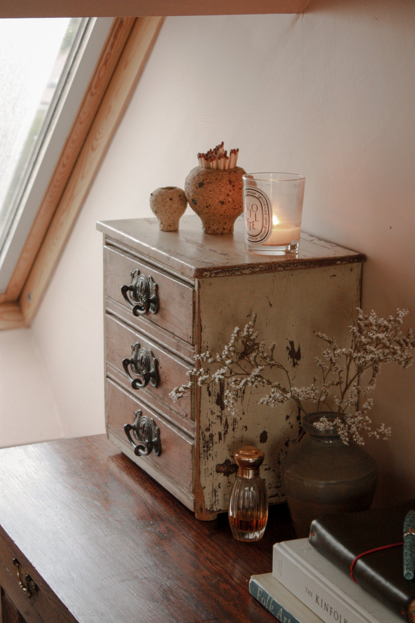 Vintage wooden tabletop drawers with chippy paint