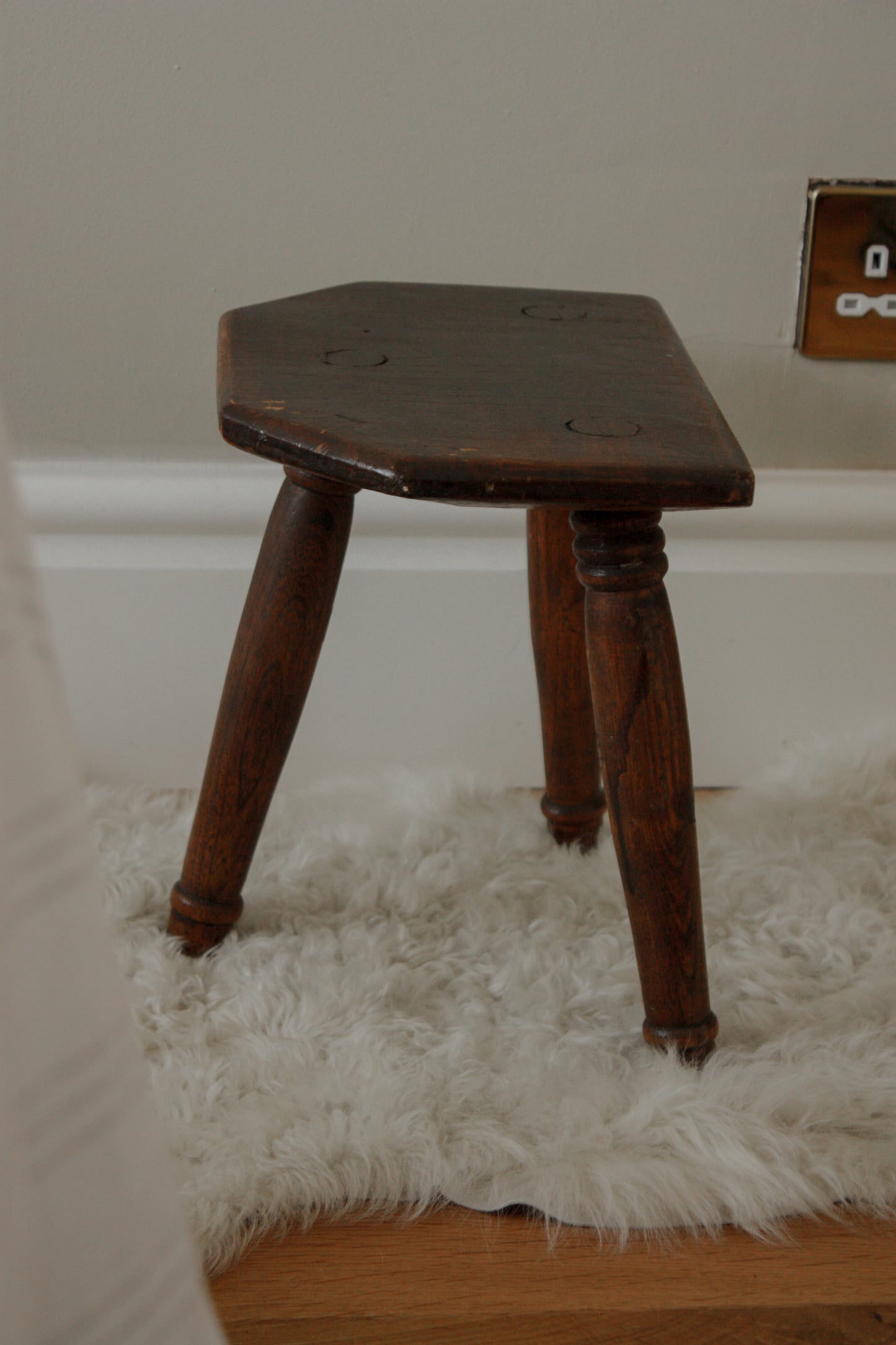 Vintage wooden stool with half hexagon seat