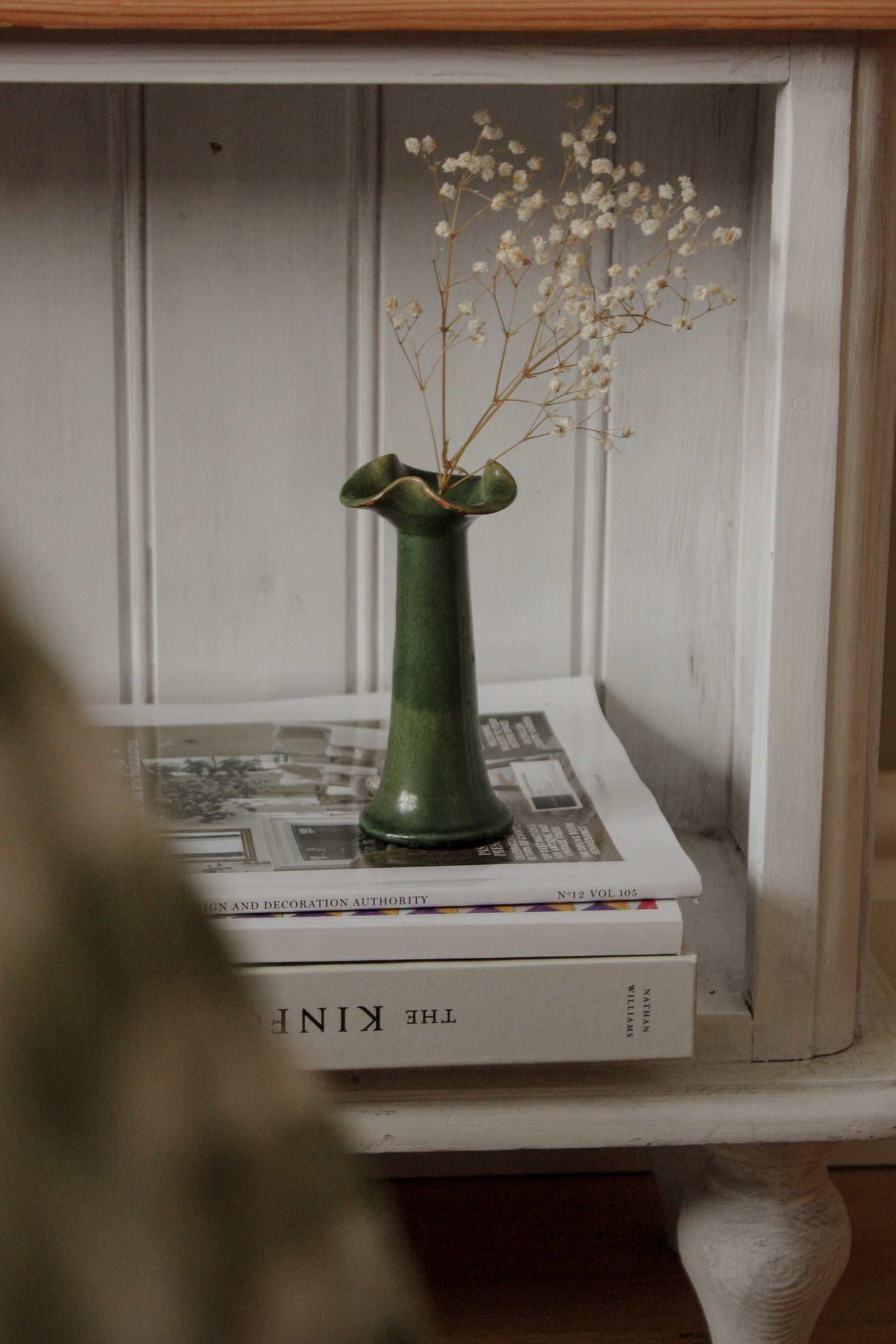 Vintage green glaze pottery bud vase ruffle rim