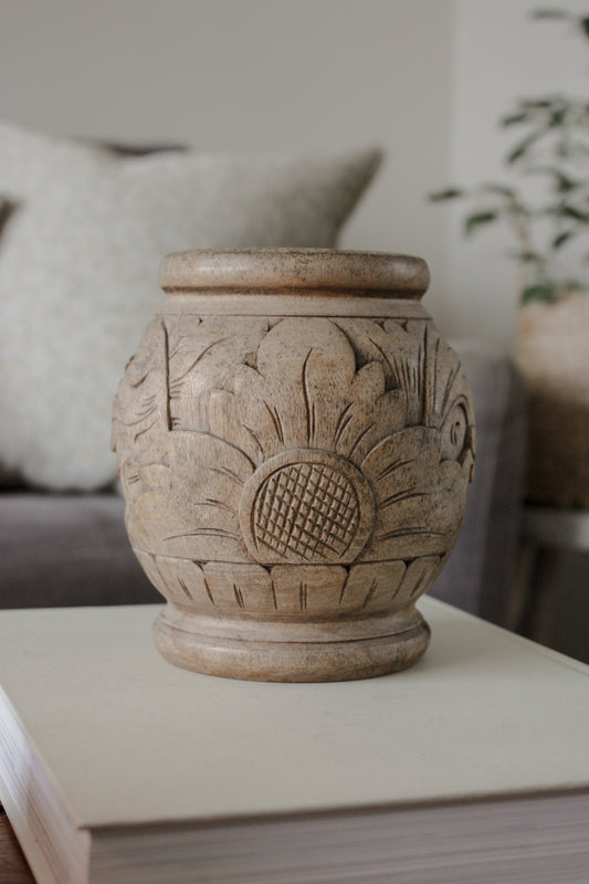 Vintage intricately carved wooden pot