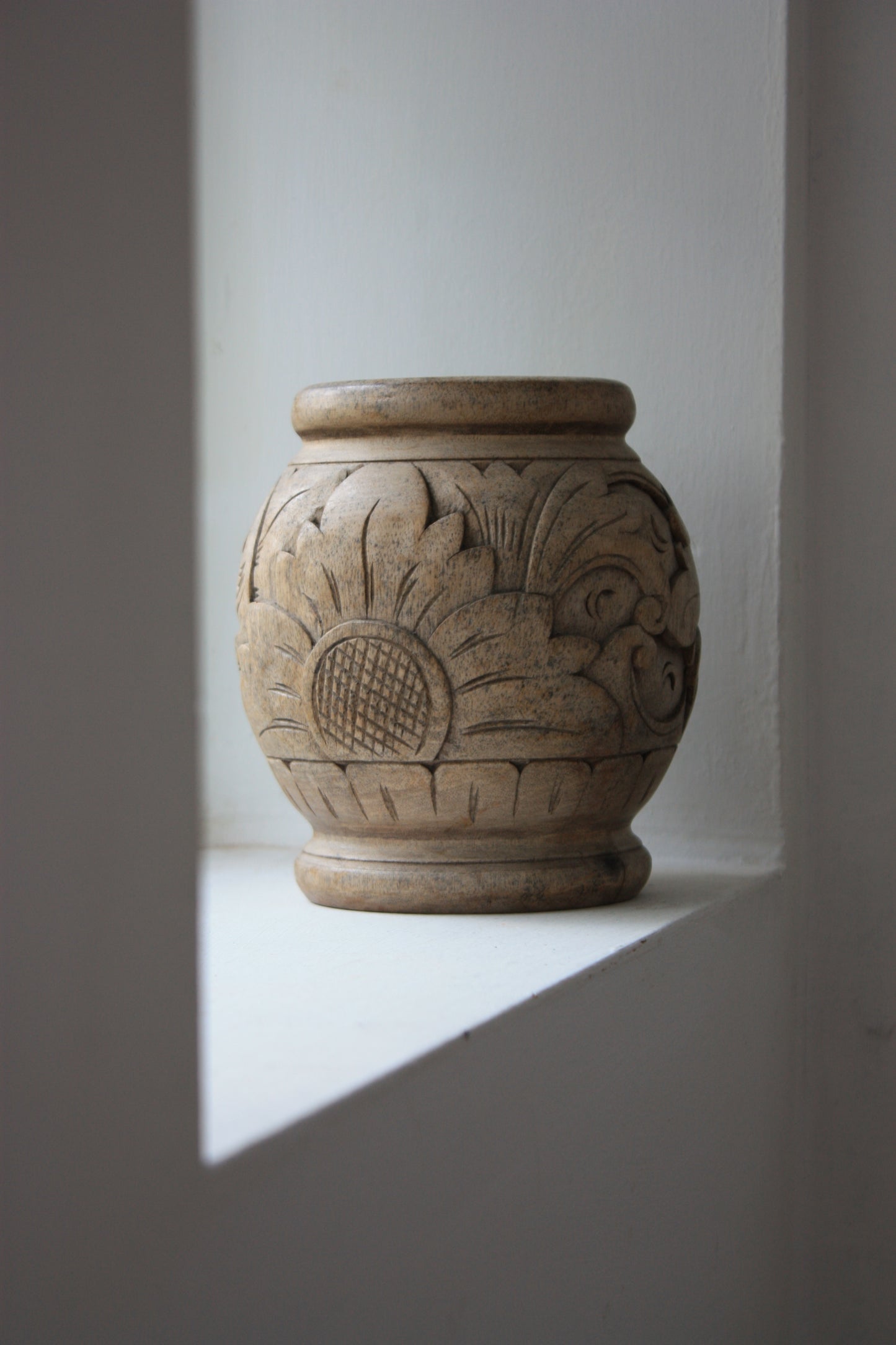 Vintage intricately carved wooden pot