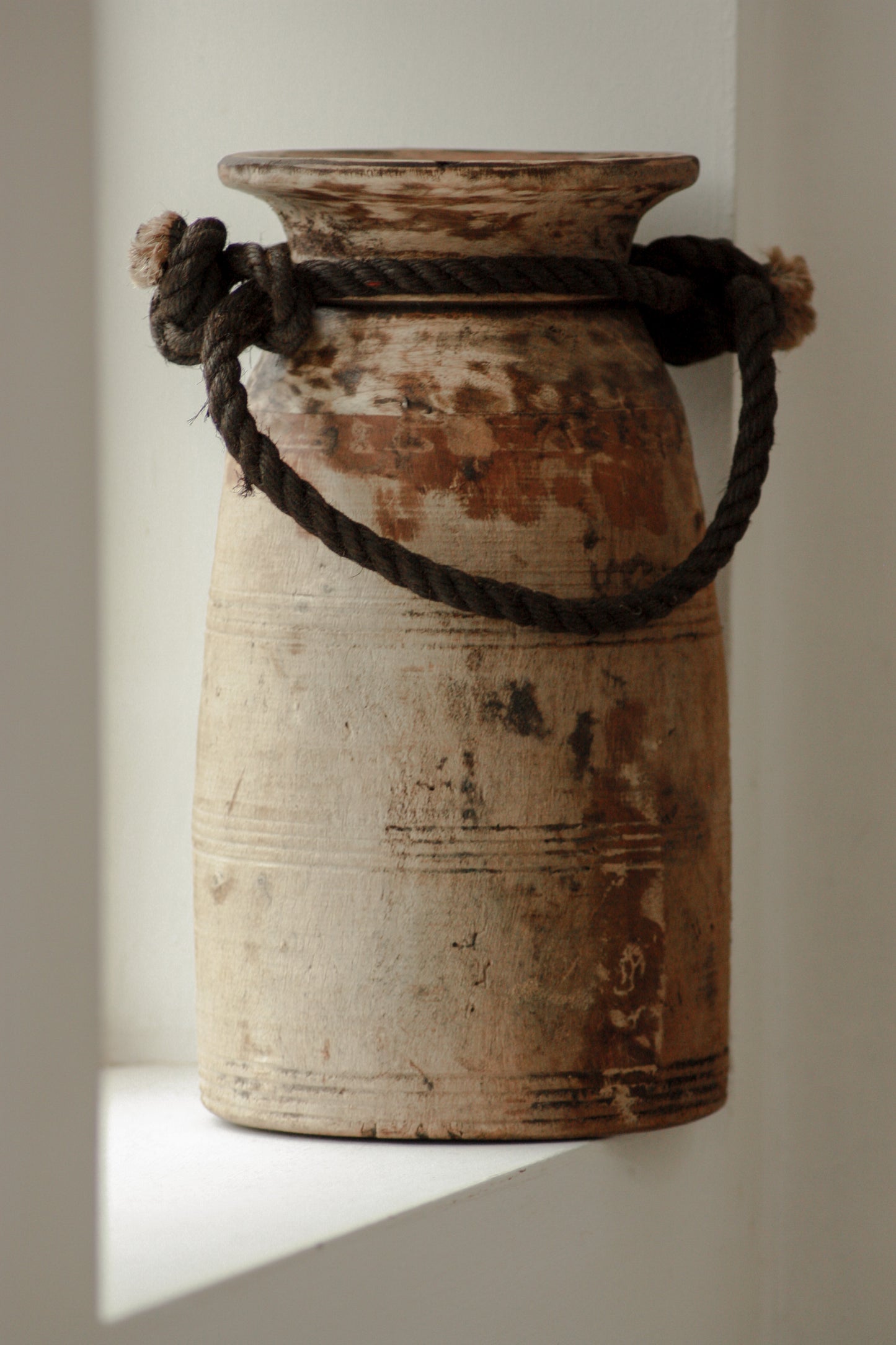 Vintage tall wooden pot with rope handle