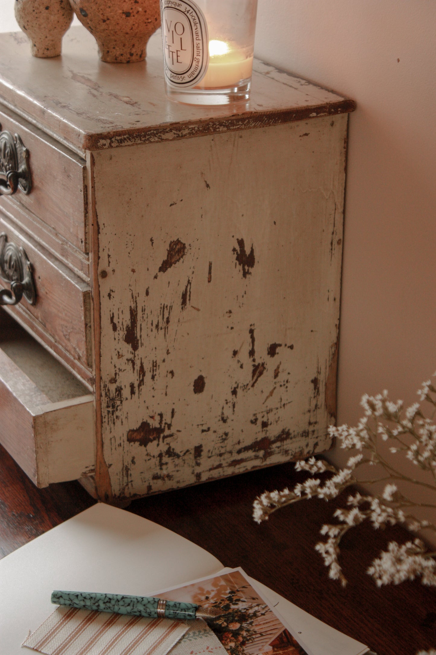 Vintage wooden tabletop drawers with chippy paint