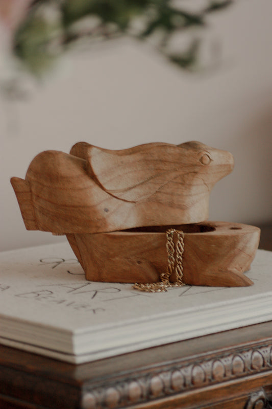 Vintage hand-carved wooden hare trinket box