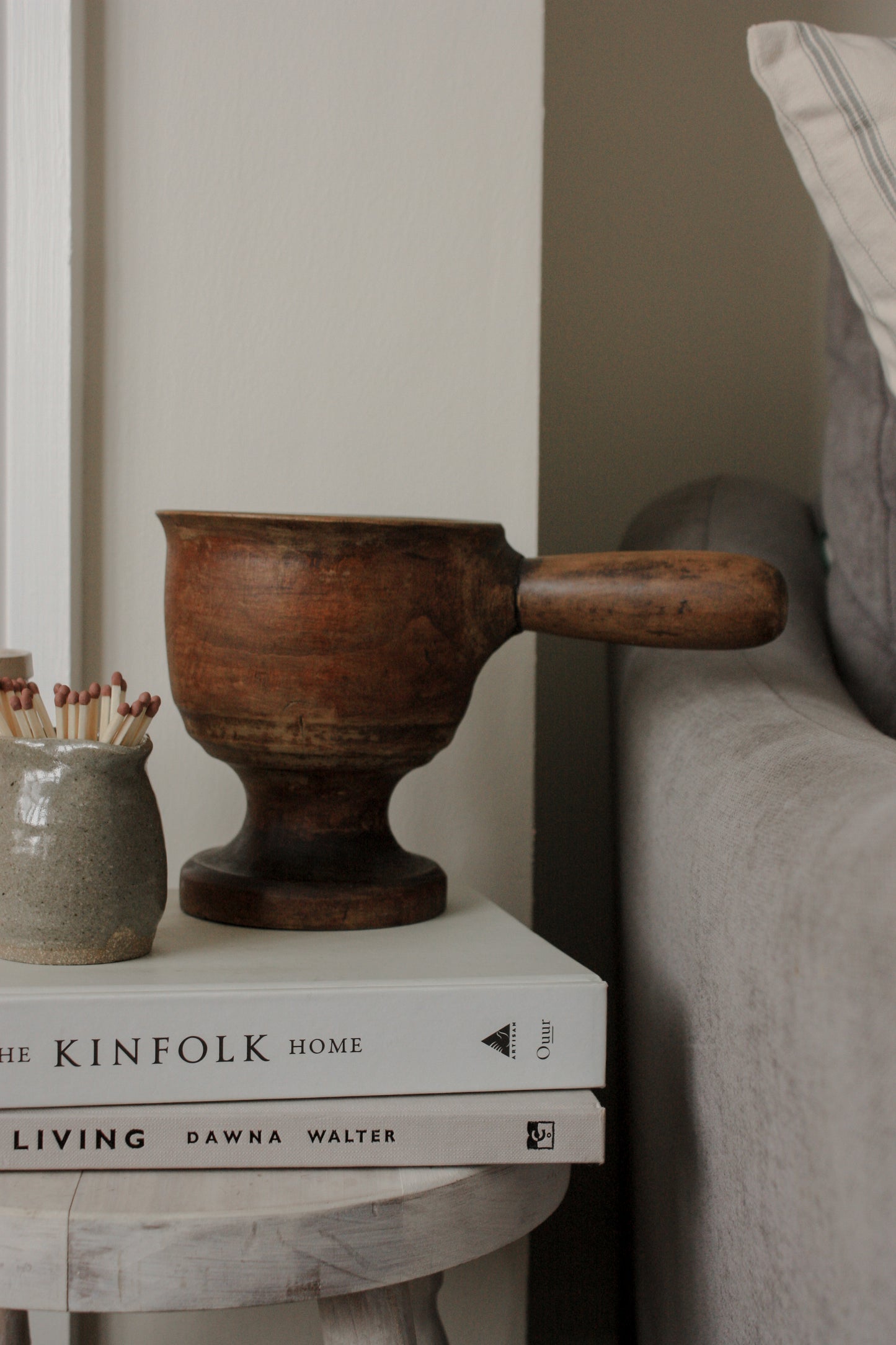 Vintage wooden pedestal vessel with handle