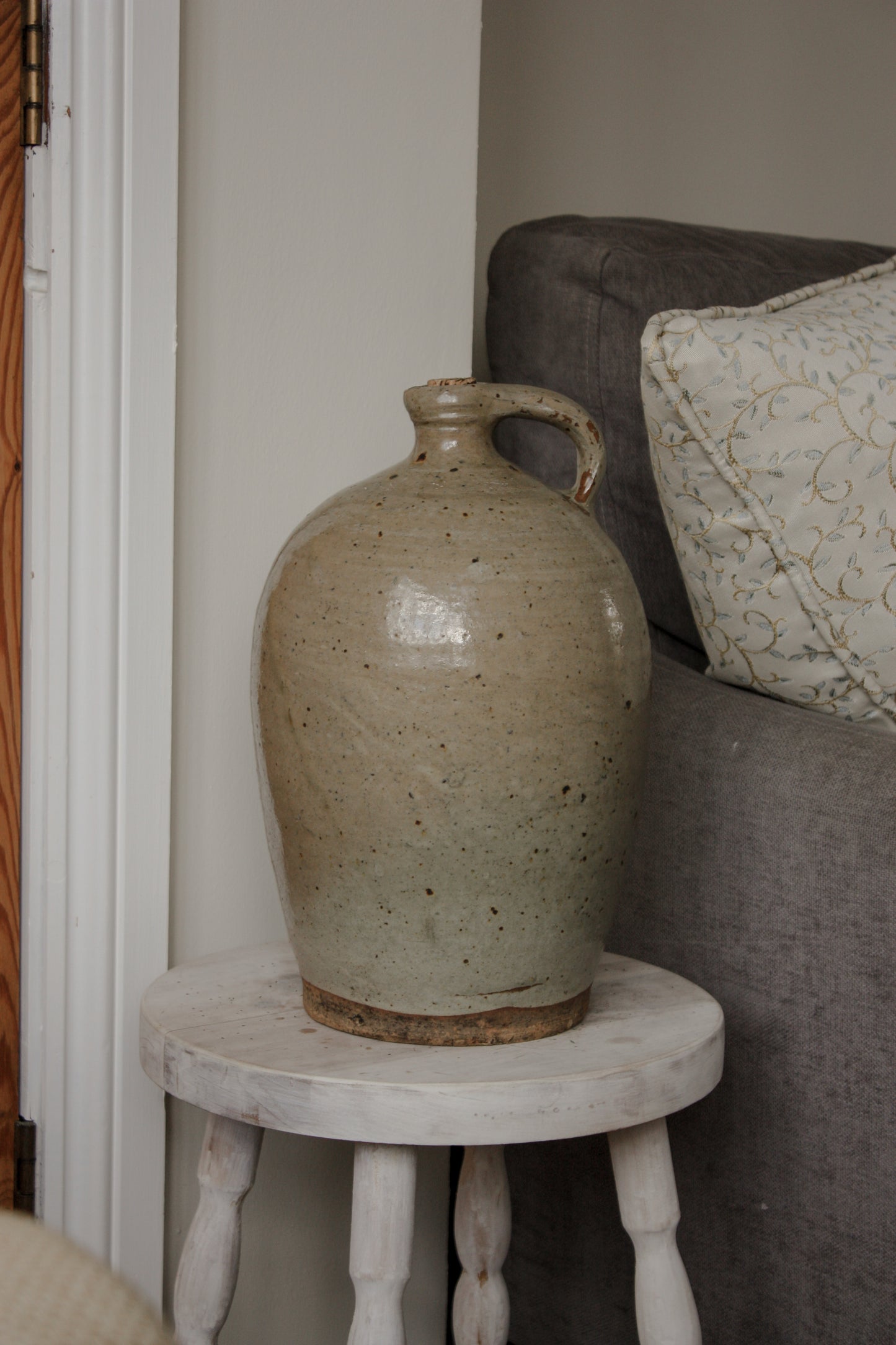 Antique French stoneware flagon with pale glaze