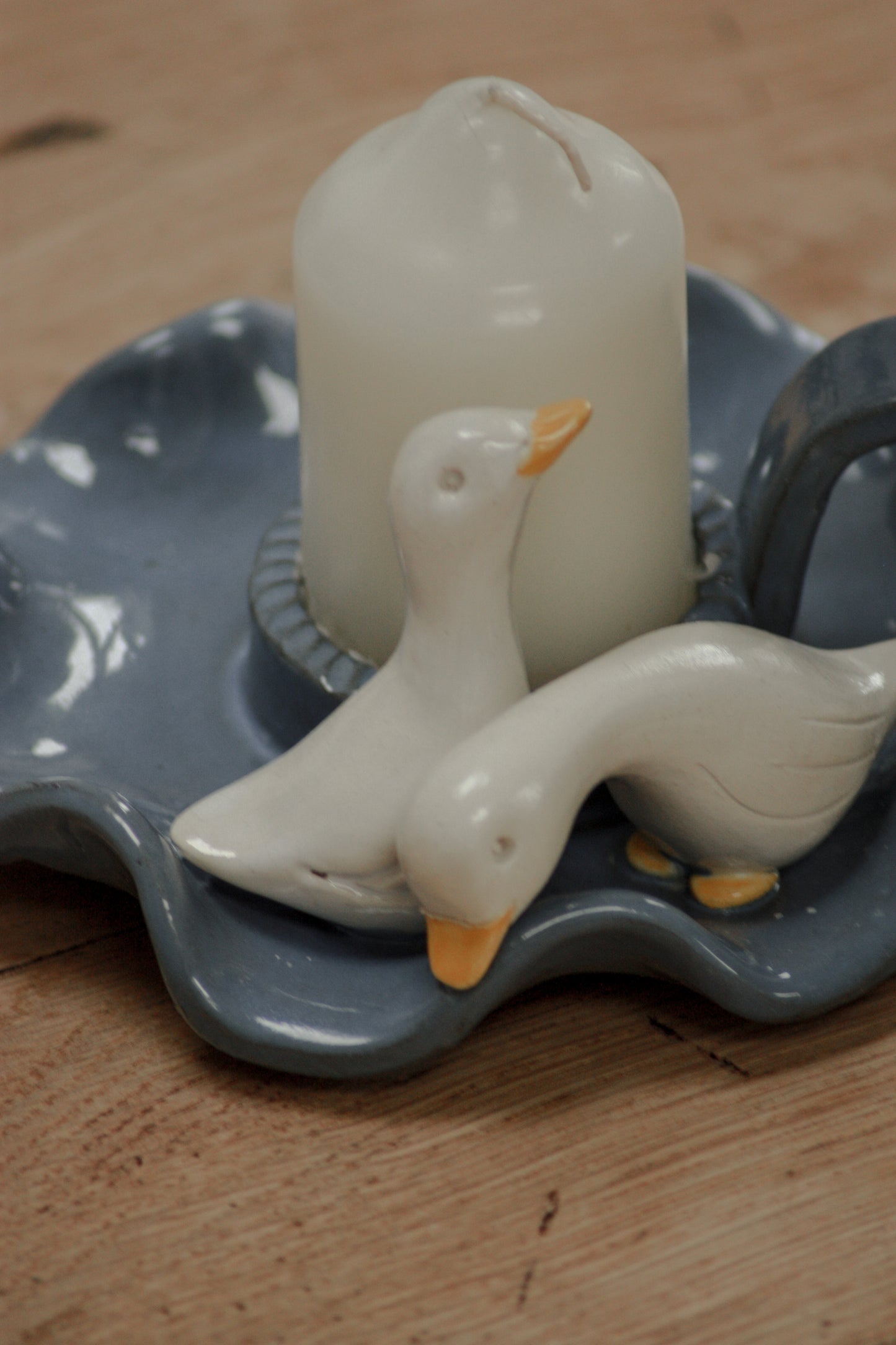 Vintage studio art pottery ruffle rim goose candleholder