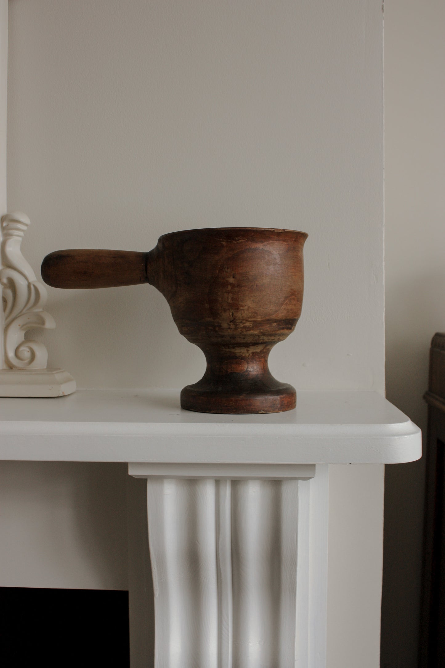 Vintage wooden pedestal vessel with handle