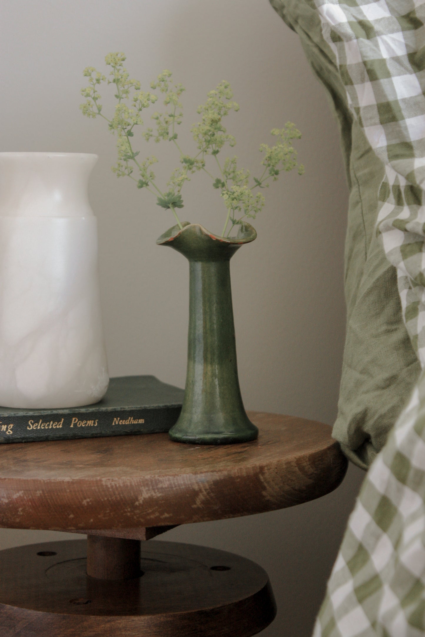 Vintage green glaze pottery bud vase ruffle rim