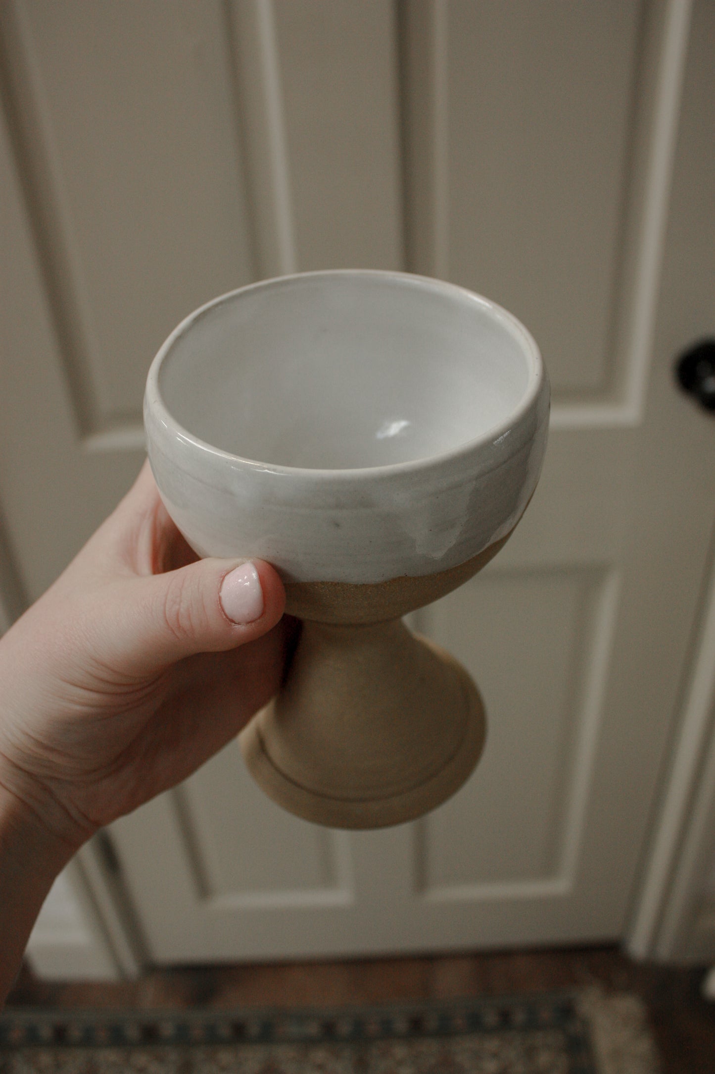 Studio pottery goblet with rustic white glaze