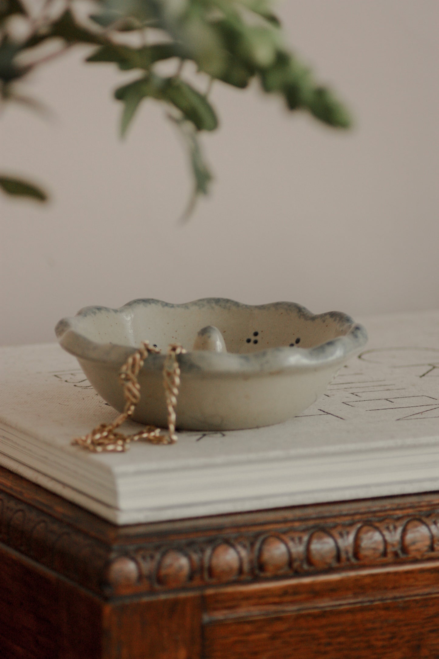 Vintage studio pottery scallop rim jewellery dish