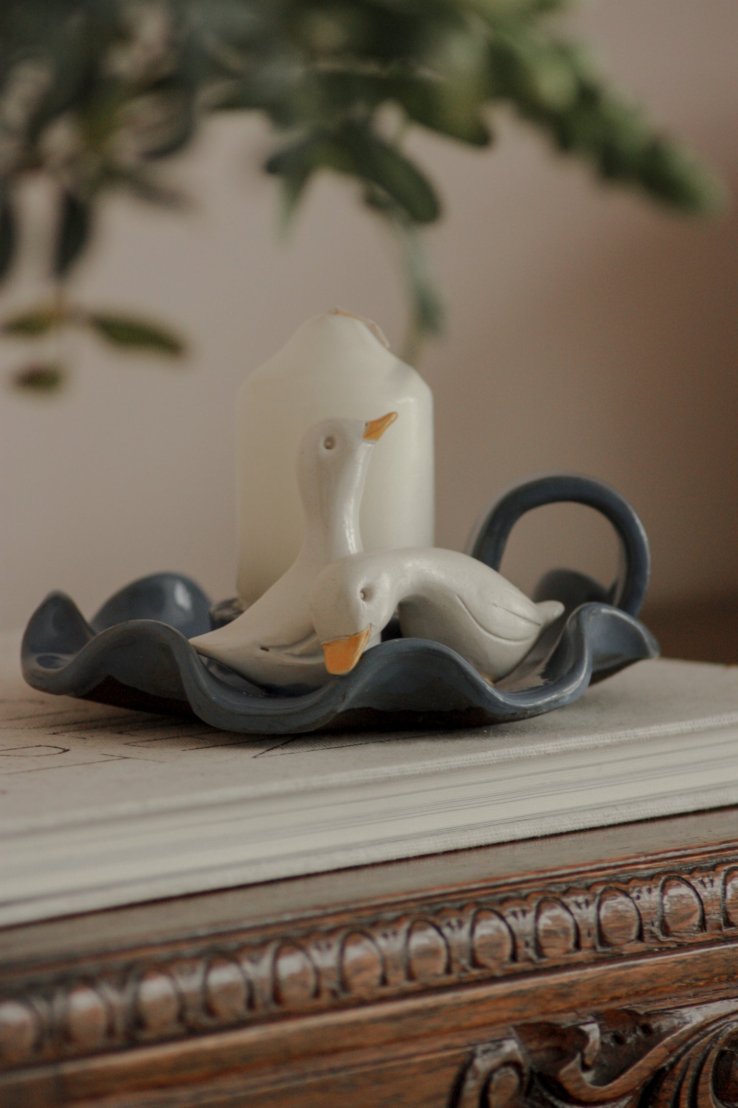 Vintage studio art pottery ruffle rim goose candleholder