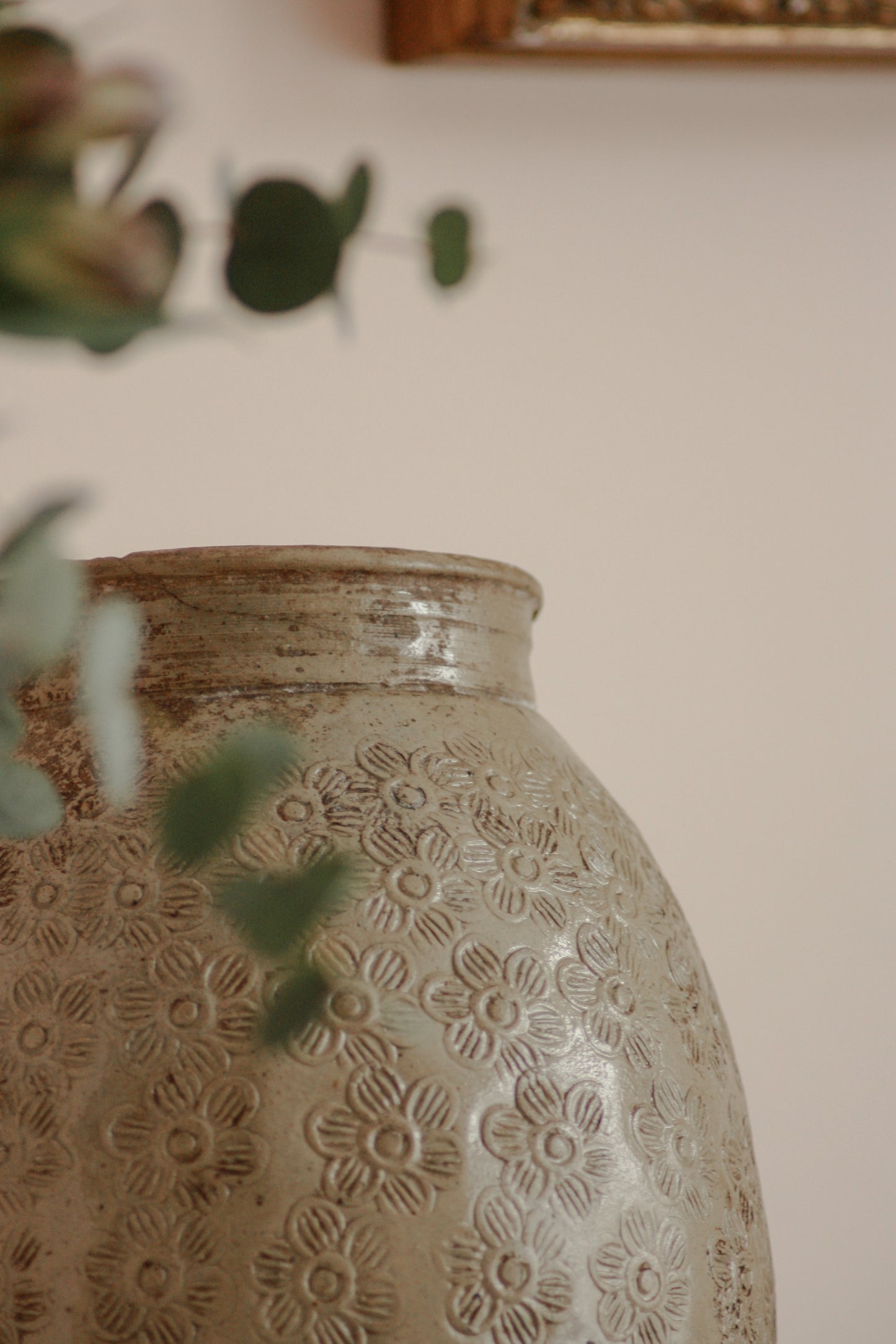 Large antique Asian confit pot with hand stamped floral detail