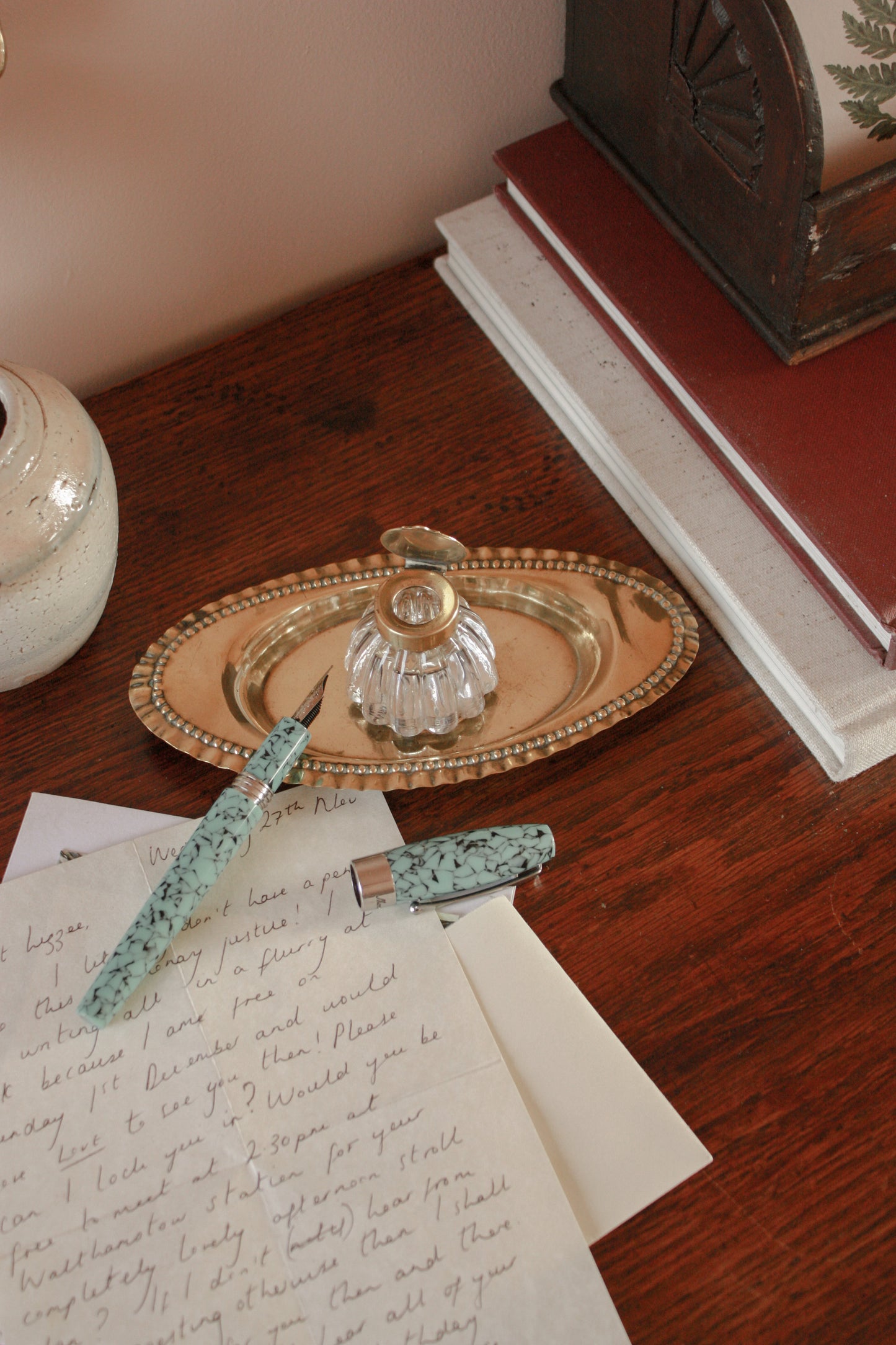 Vintage ink well and brass dish