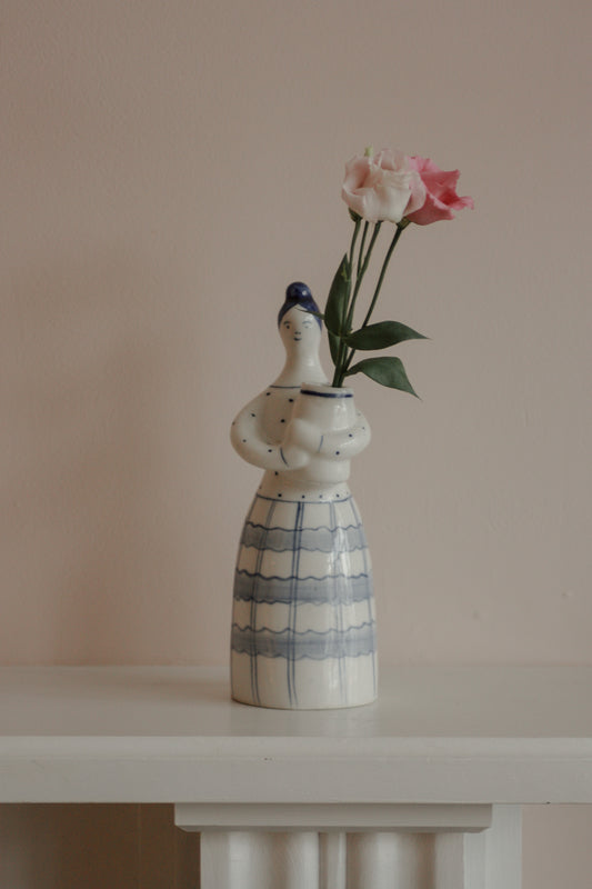 Vintage ceramic white and blue sculptural bud vase