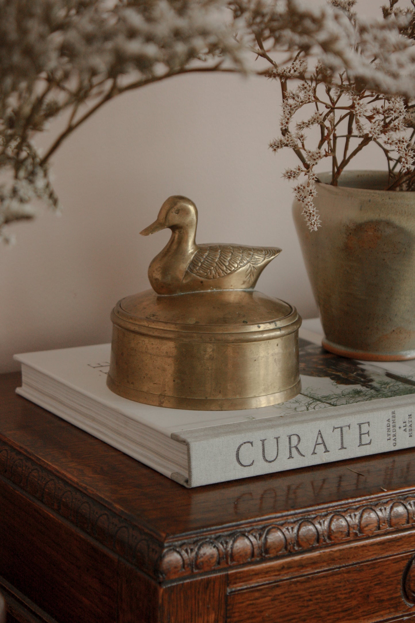 Antique heavy brass duck trinket pot