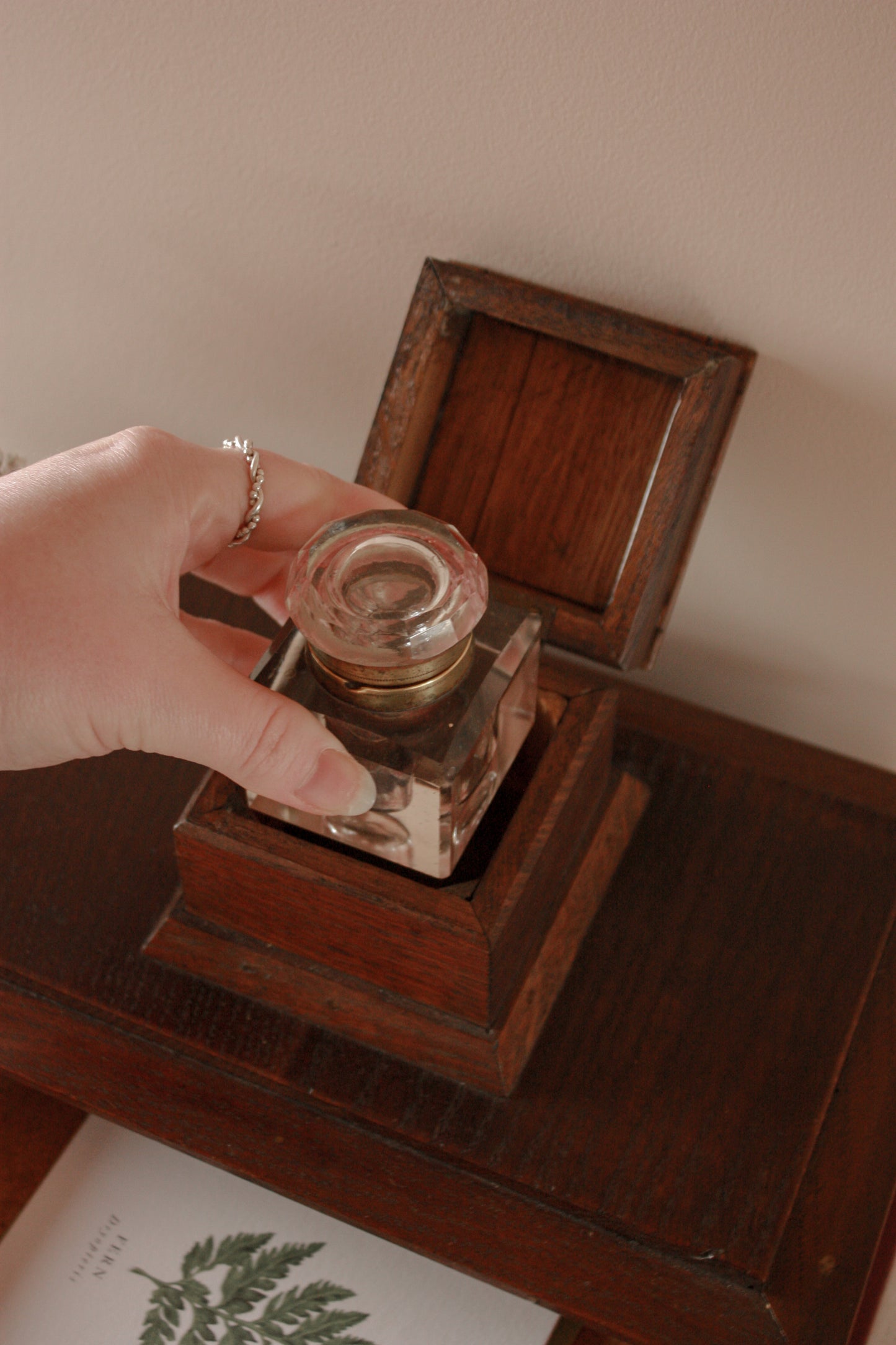 Vintage wooden desktop drawer with ink well