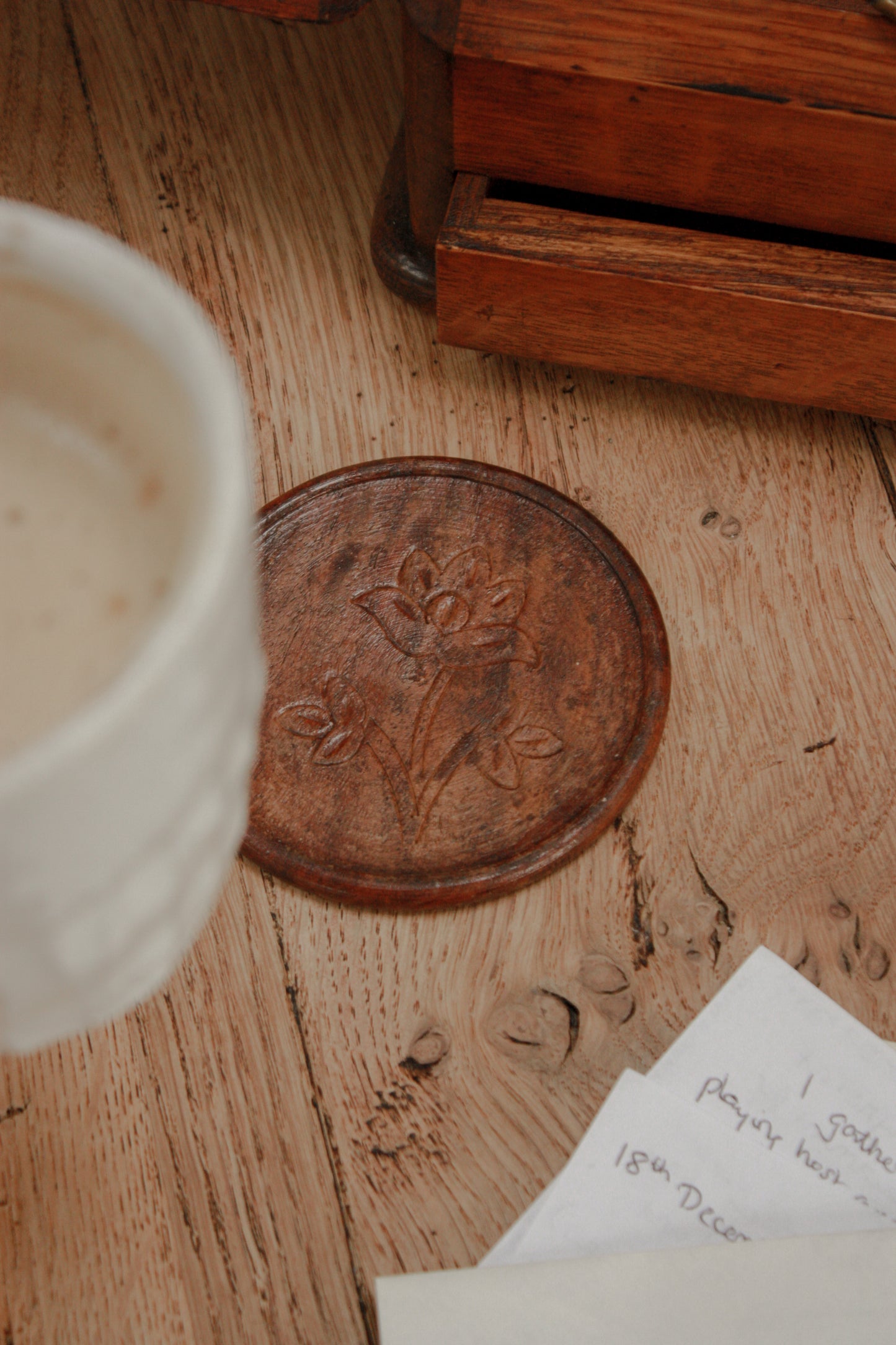 Vintage coaster set with hand carved peacock stand