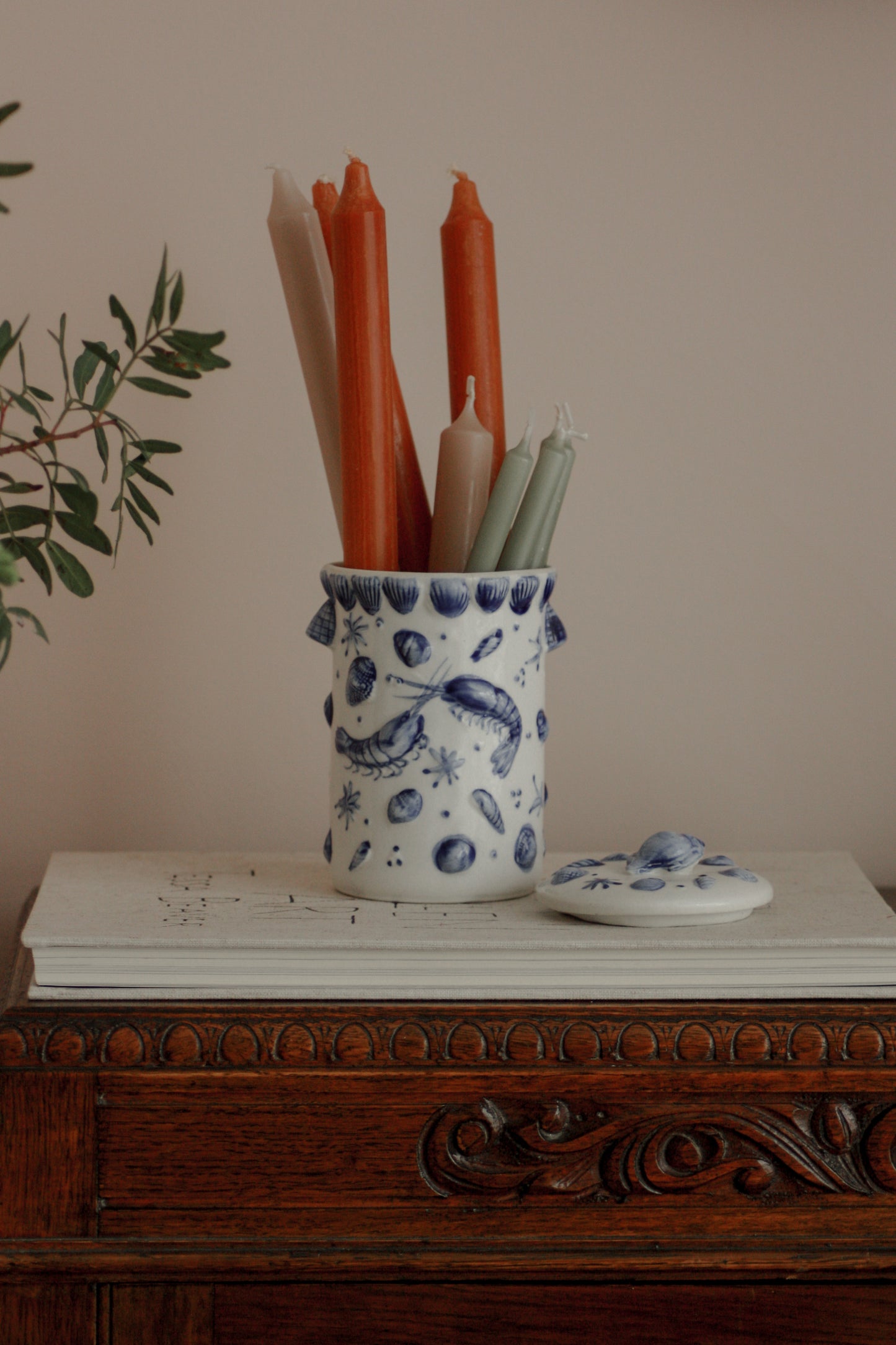 Vintage hand painted shrimp and seashells pot