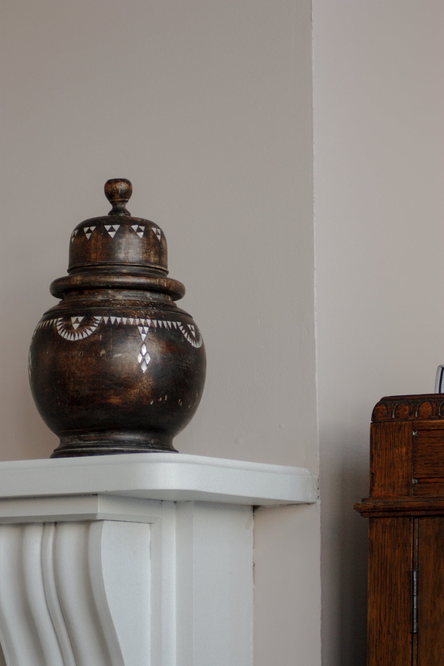 Vintage wooden pot with mosaic inlay