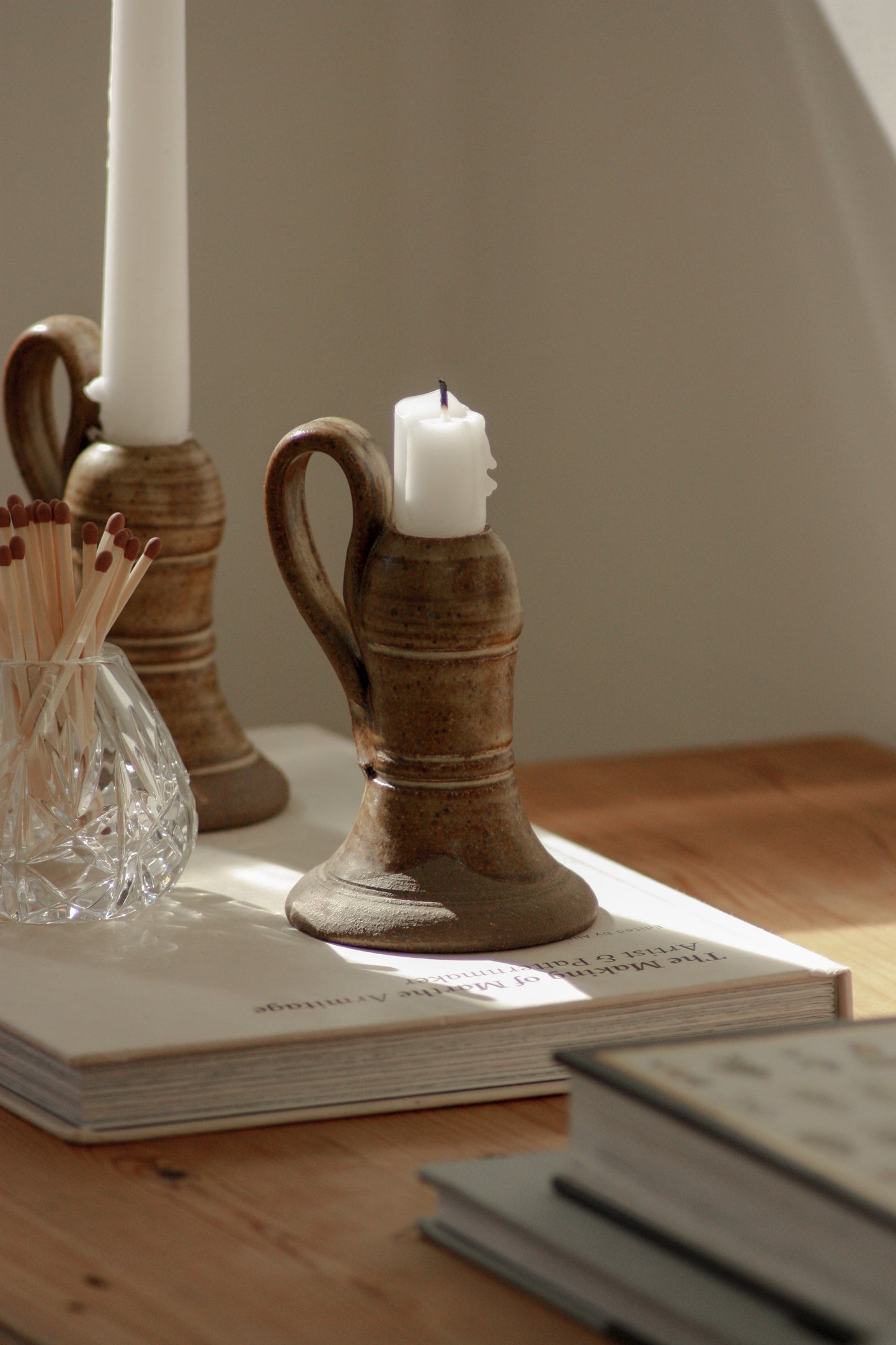 Pair studio pottery candleholders