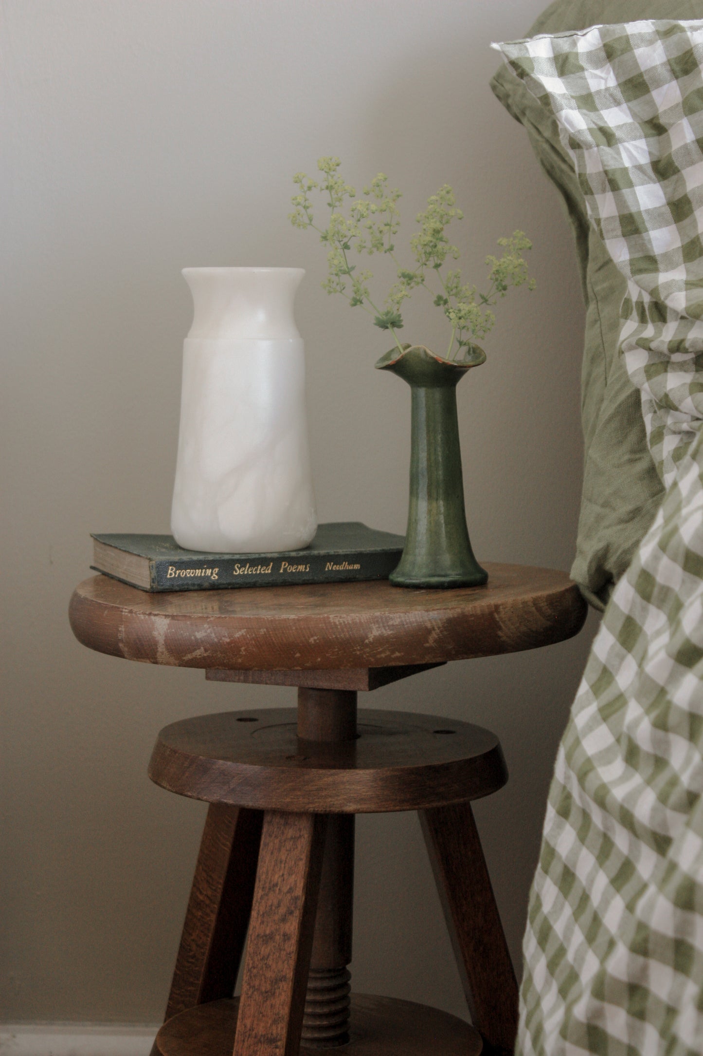 Vintage green glaze pottery bud vase ruffle rim