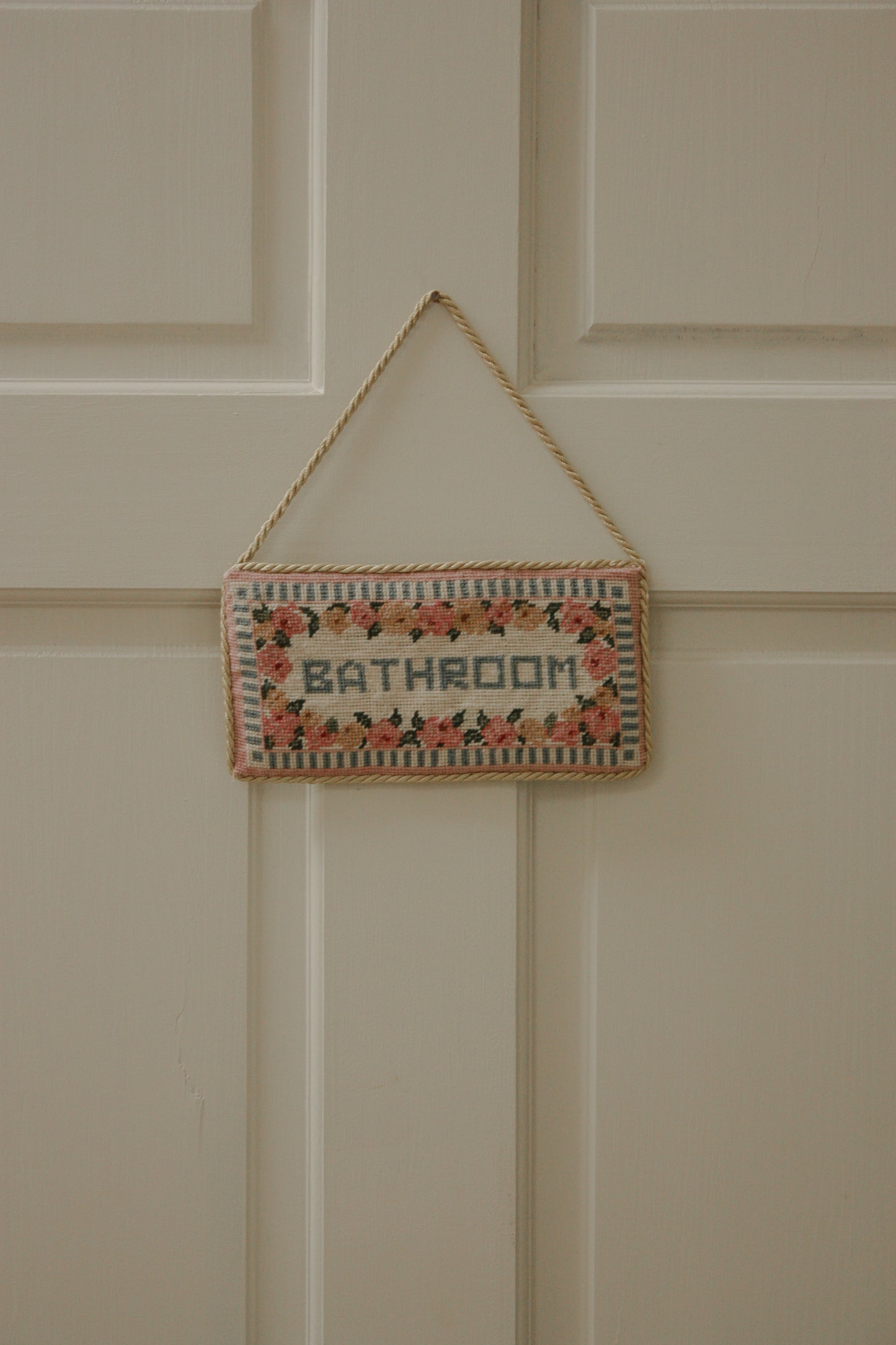 Vintage cross stitch bathroom sign