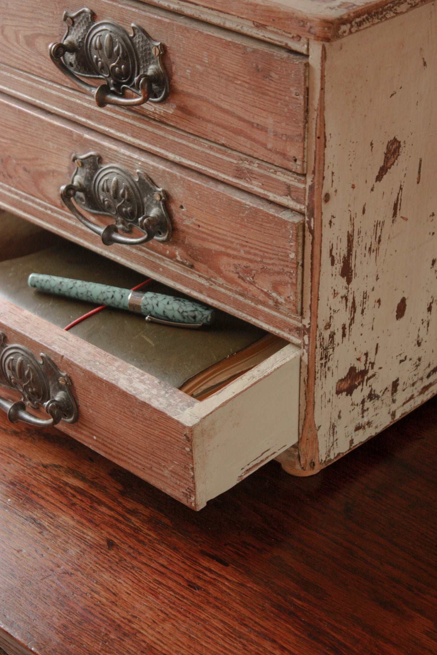 Vintage wooden tabletop drawers with chippy paint