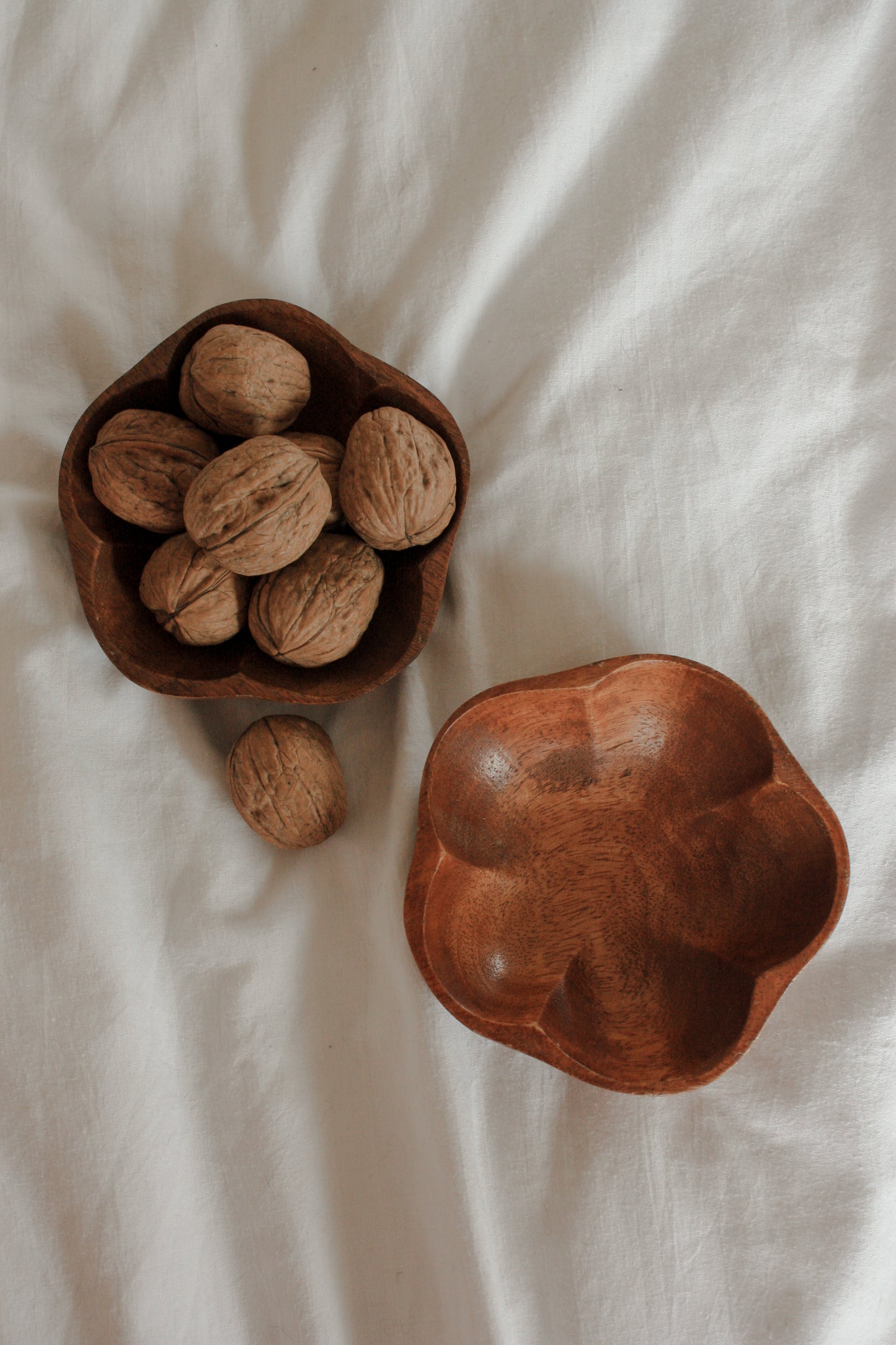 Pair vintage teak flower shaped bowls