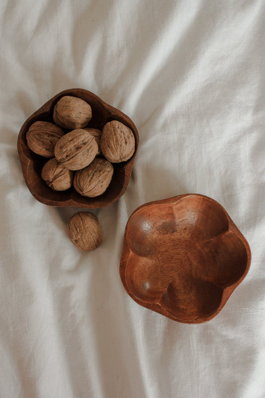 Pair vintage teak flower shaped bowls