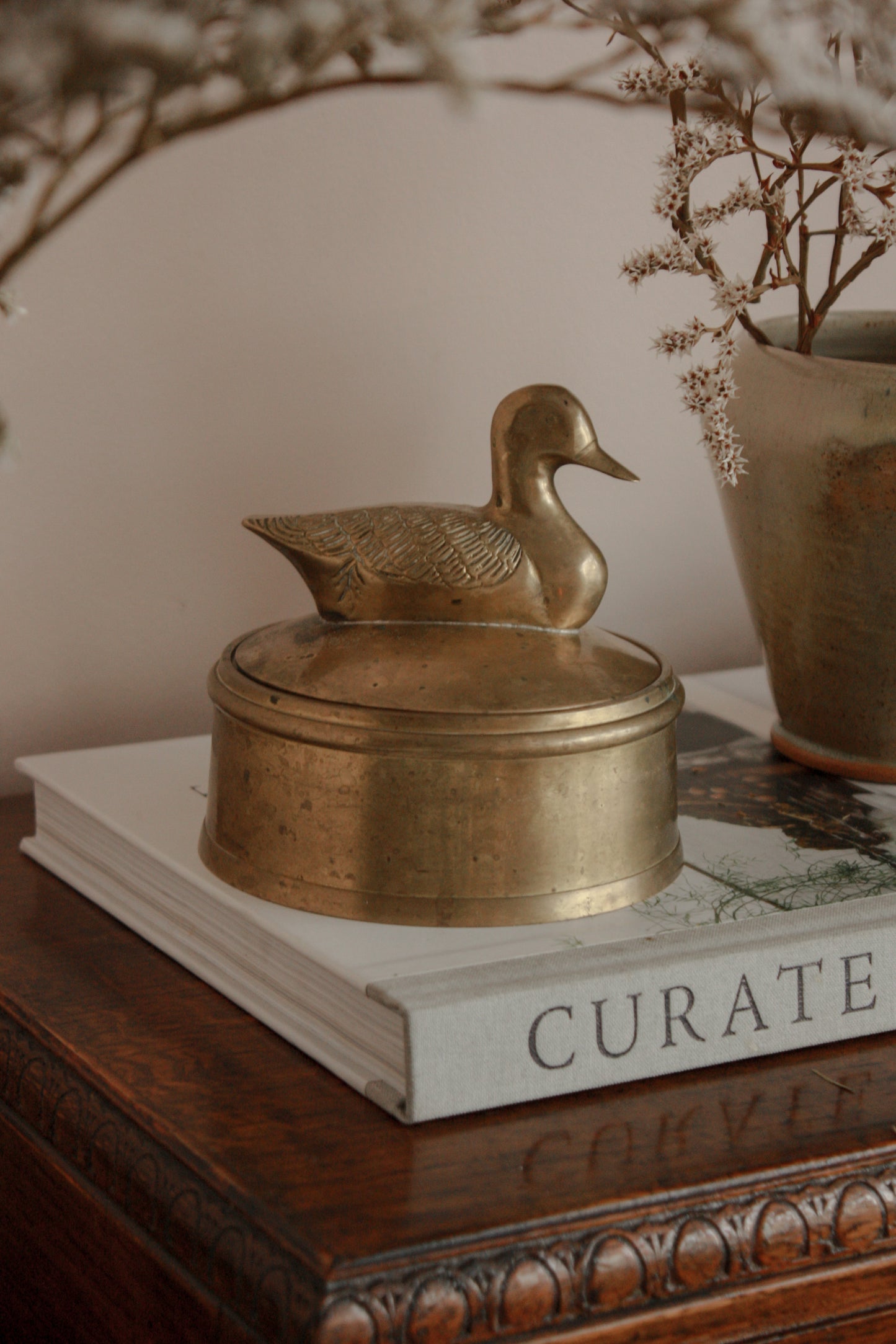 Antique heavy brass duck trinket pot