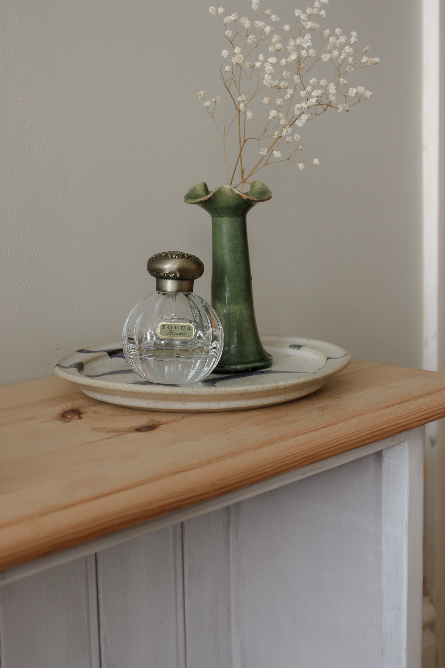 Vintage green glaze pottery bud vase ruffle rim