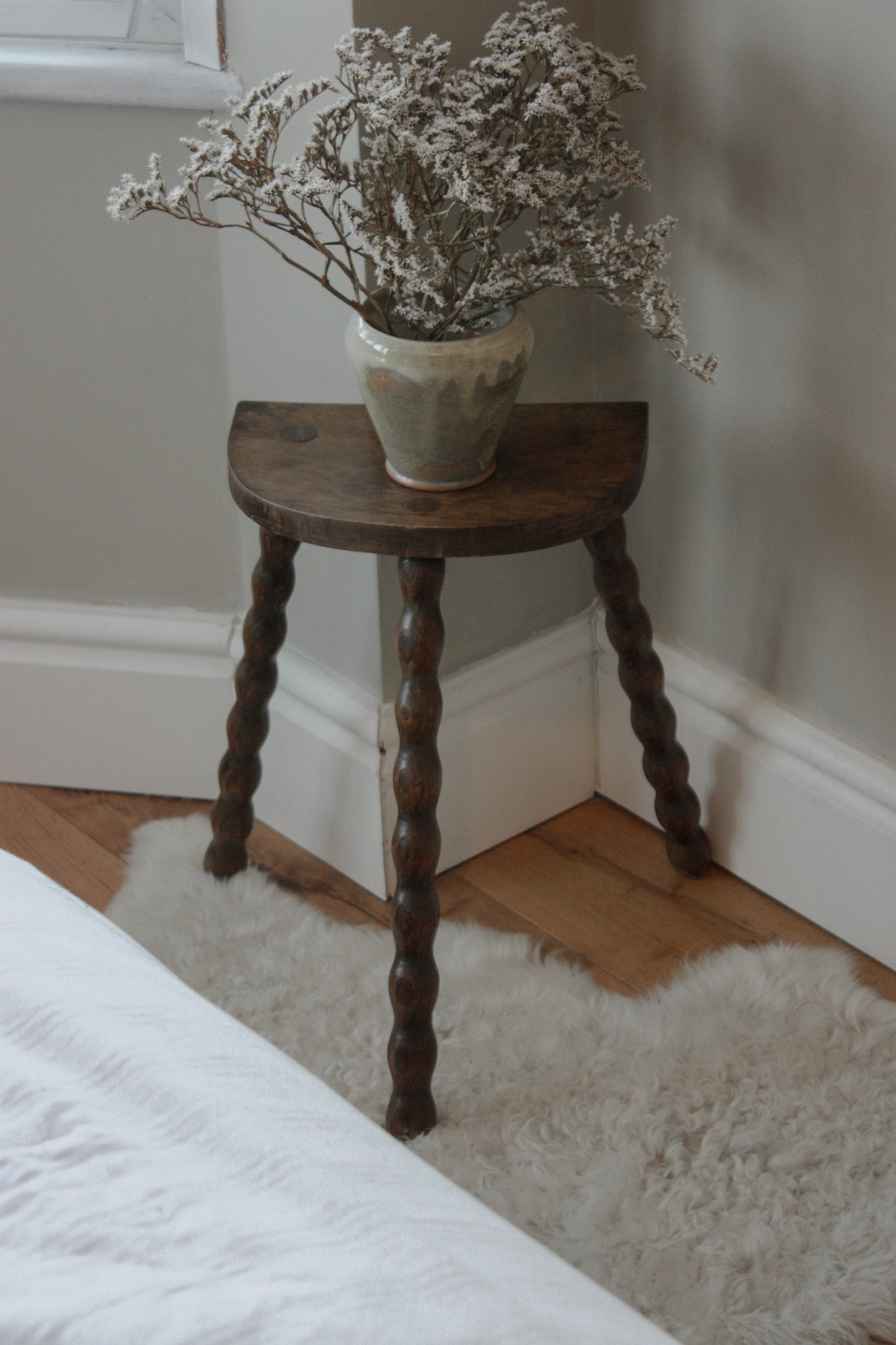 Vintage French half moon stool with bobbin legs