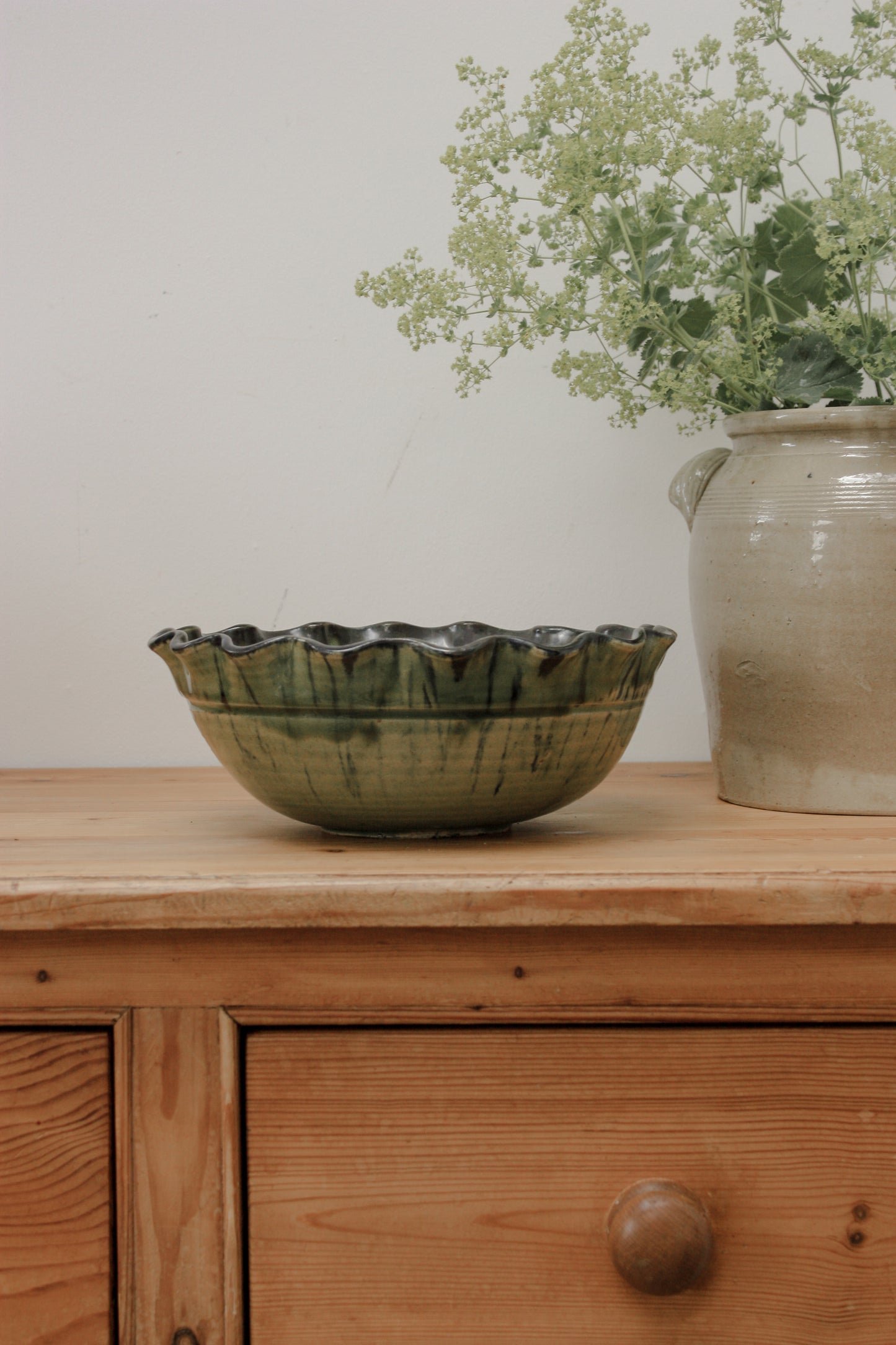 Large vintage studio pottery ruffle rim bowl