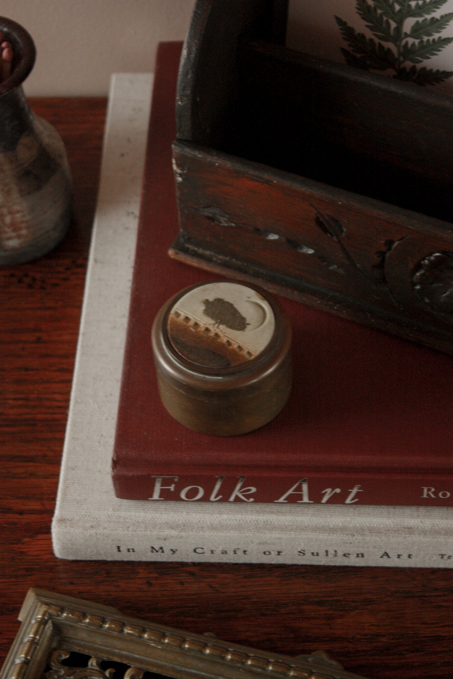 Vintage brass pot with pottery inlay