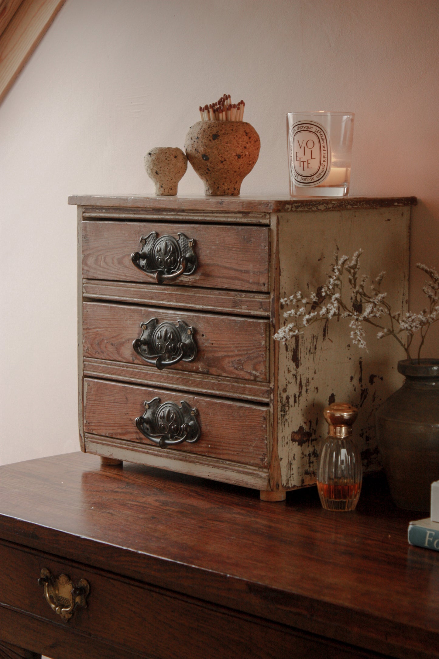 Vintage wooden tabletop drawers with chippy paint