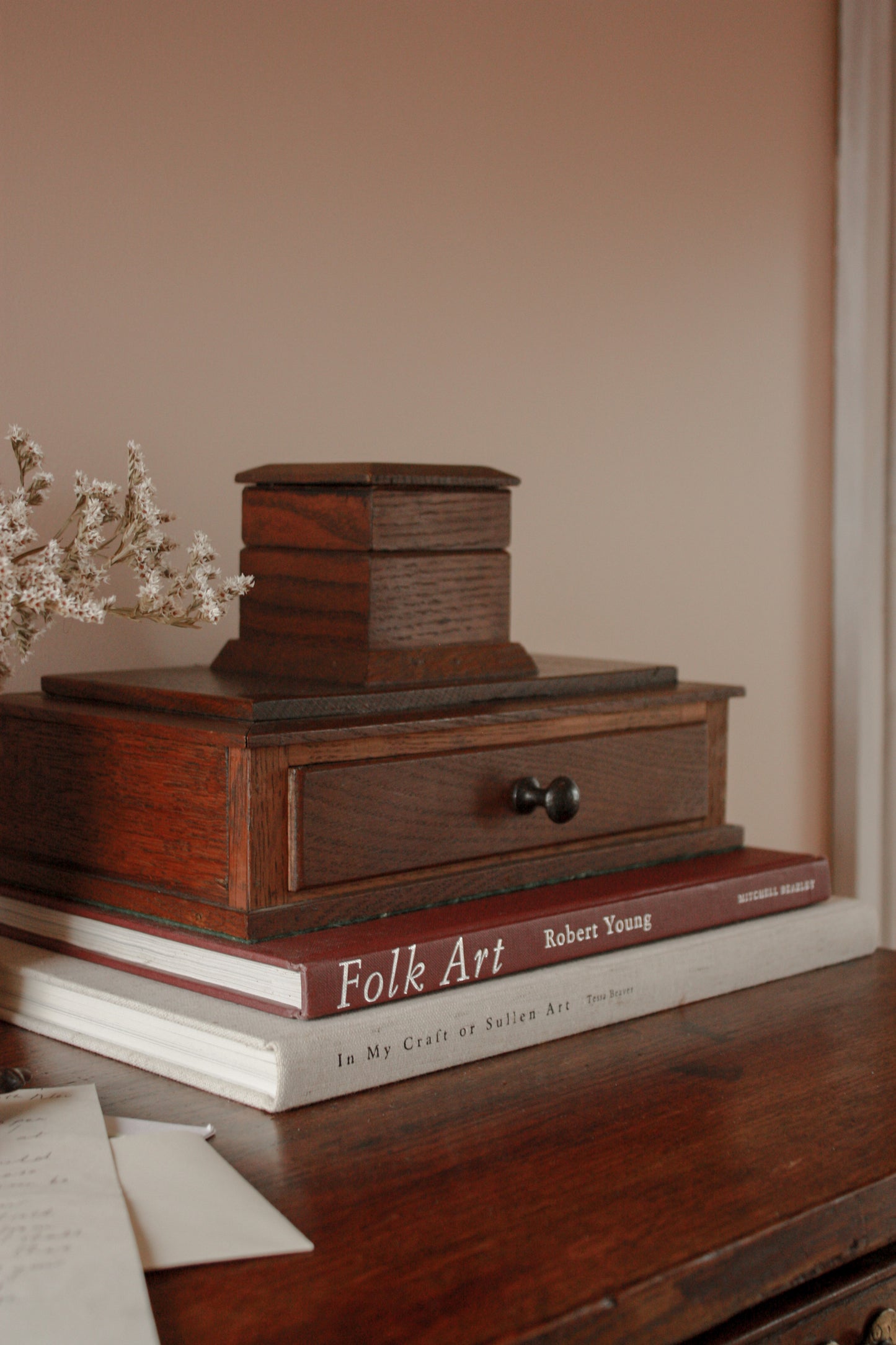 Vintage wooden desktop drawer with ink well