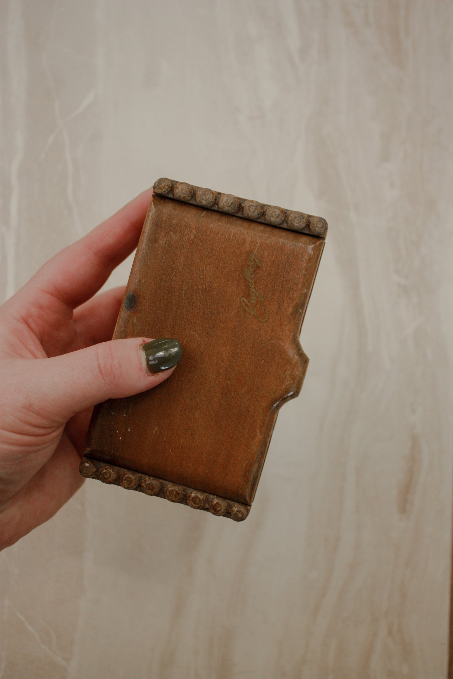 Vintage wooden box with bobbin edges