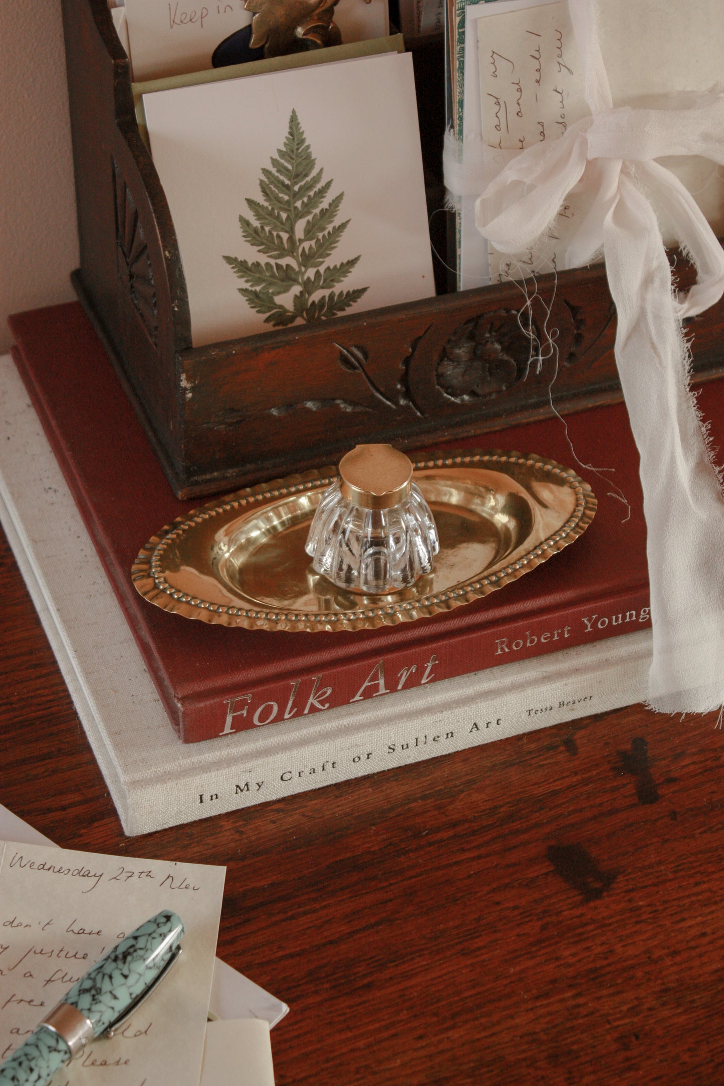 Vintage ink well and brass dish