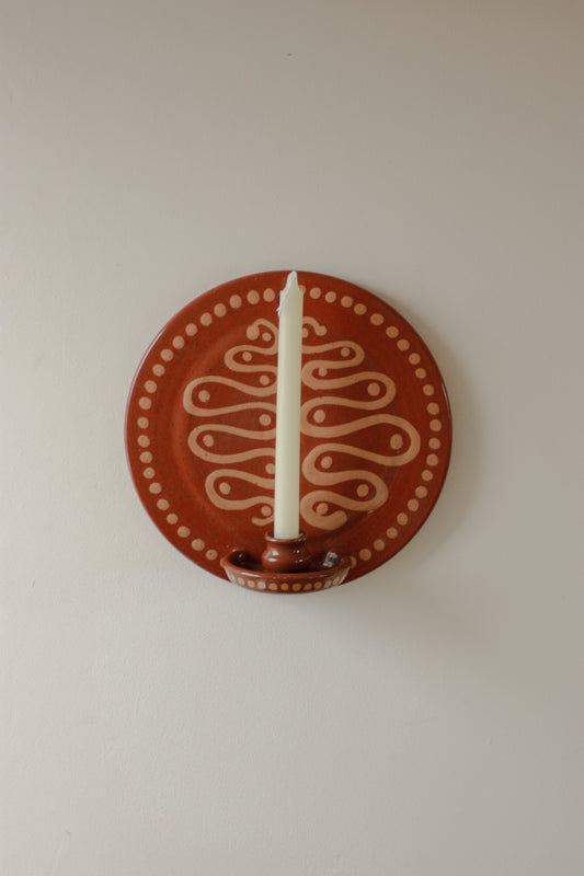 Vintage clay candle sconce with slip glaze