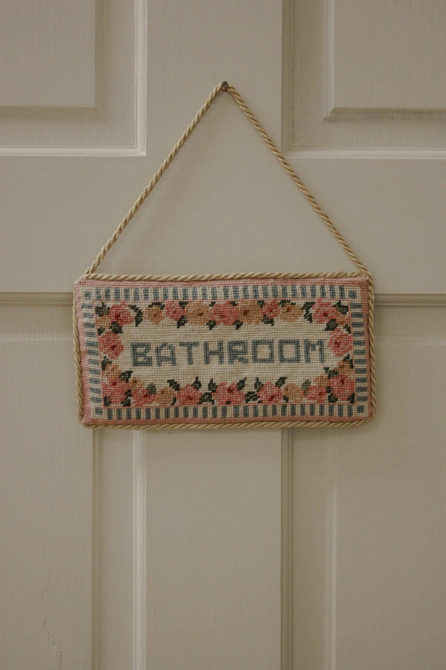 Vintage cross stitch bathroom sign