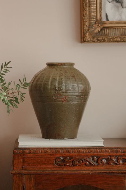 Large vintage olive toned Chinese rice wine jar