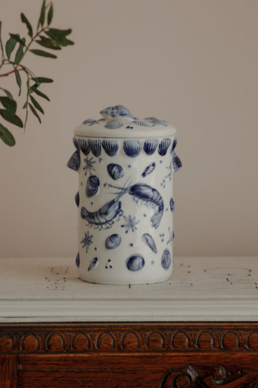 Vintage hand painted shrimp and seashells pot